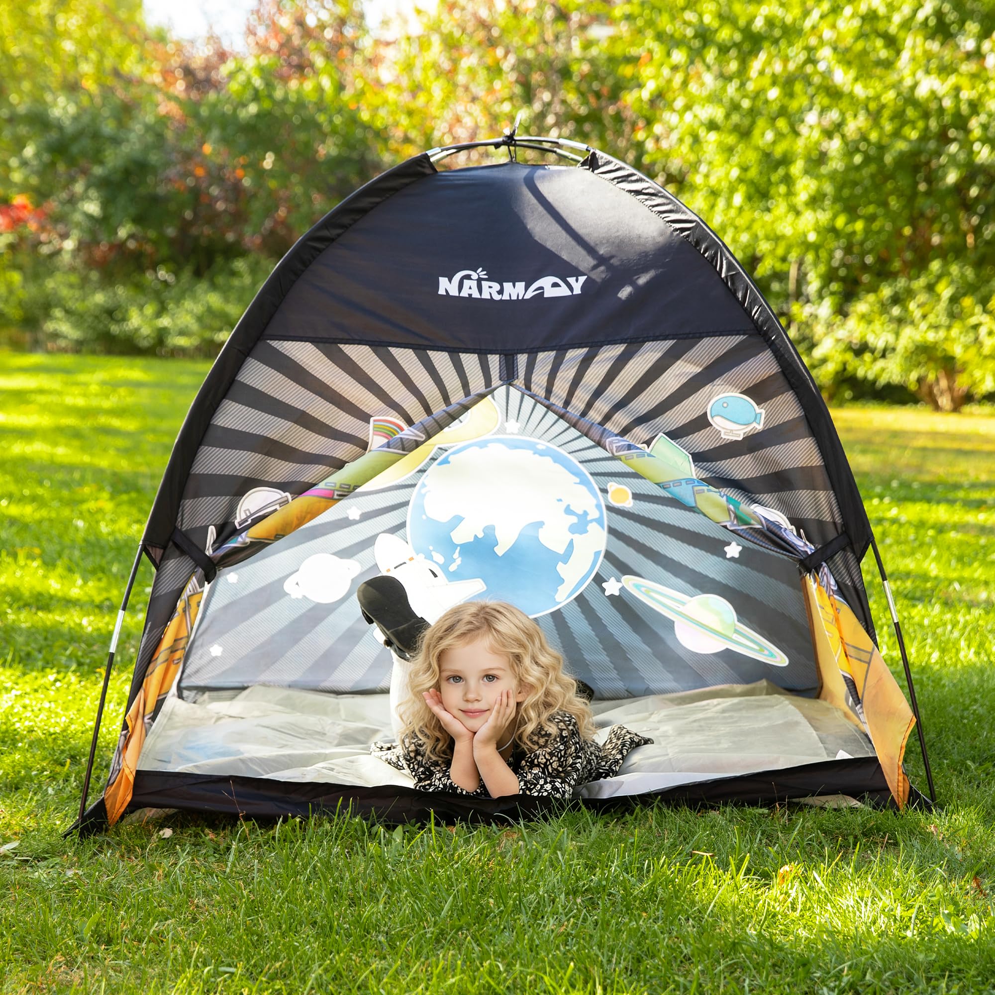 NARMAY® Tenda da gioco motivo spazio per bambini, da esterno e interno, 121 x 121 x 101 cm
