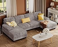 Furmax U-Shaped Sectional Sofa, Linen Fabric 4-Seat Couch with Double Chaise, Grey Living Room Set for Apartments