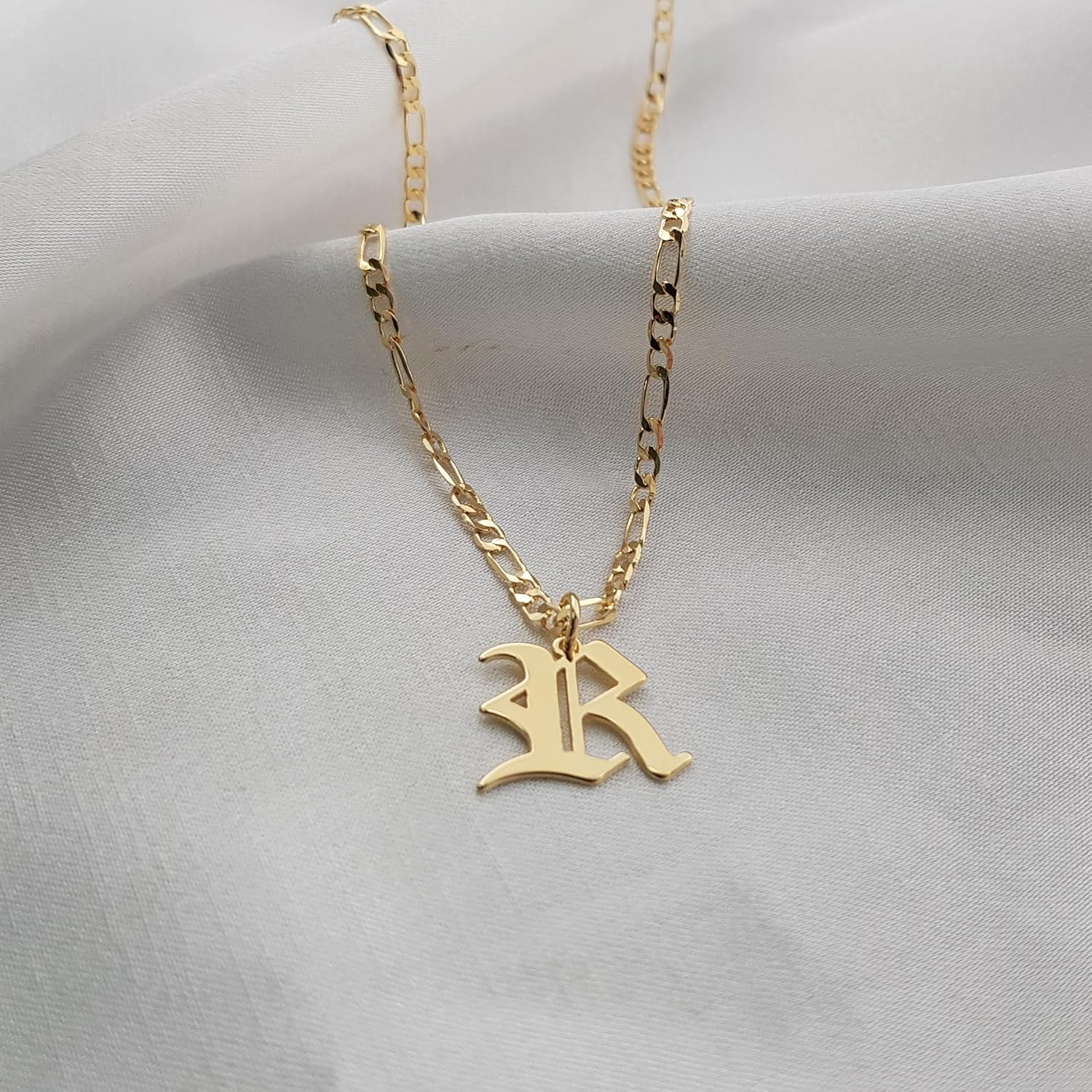 Beleco 14k Gold Plated Initial Pendant Necklace for Women – A-Z Letter Necklace with Figaro Chain, Old English Personalized Gold Alphabet Charm Jewelry - Image 5