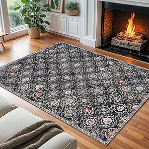 KILOCOCO 8x10 Area Rug, Moroccan Super Soft Washable Living Room Vintage Floral Rug, Non-Slip Large Print Faux Wool Throw Indoor Rug for Playroom Bedroom Office Carpet, Charcoal/Multi