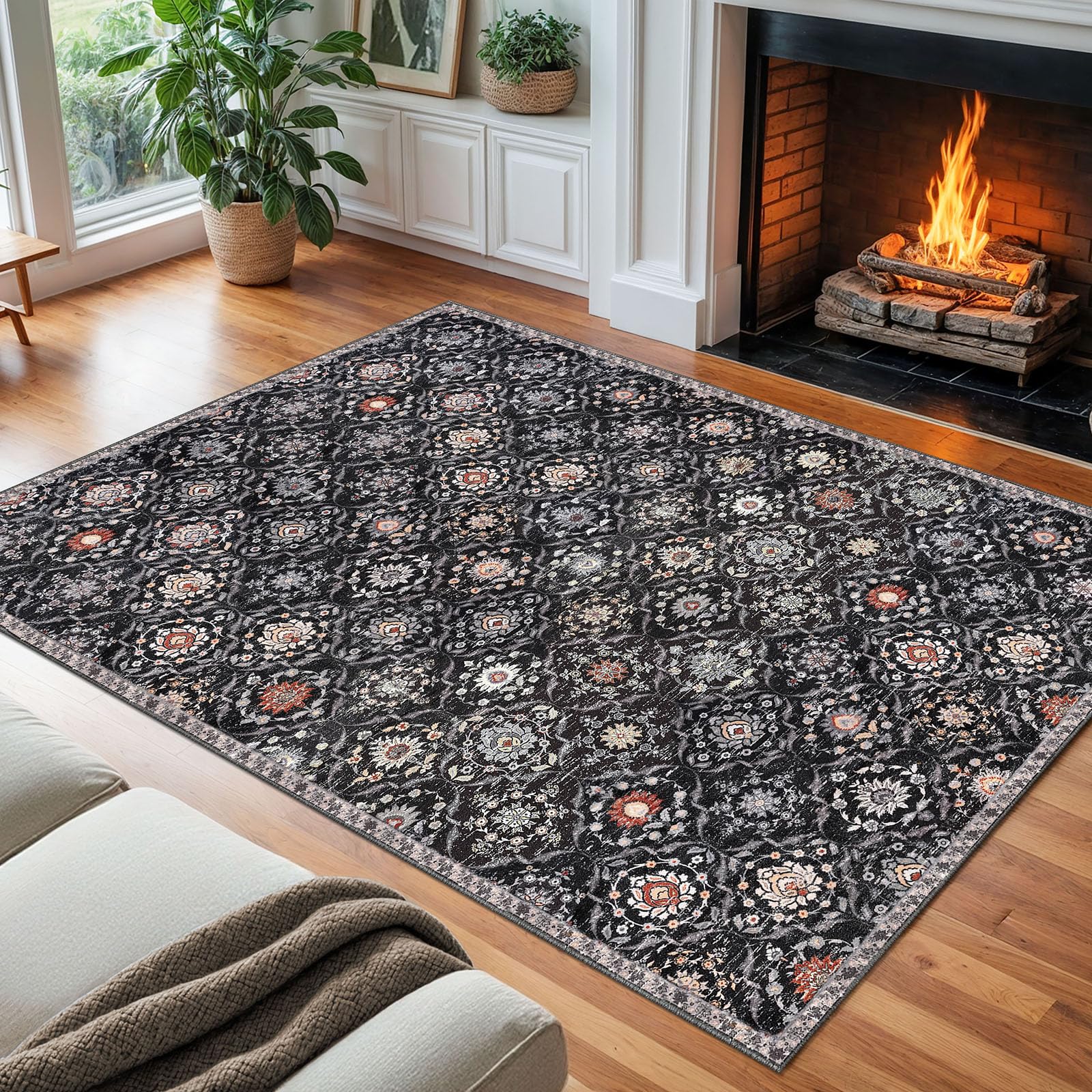 KILOCOCO 8x10 Area Rug, Moroccan Washable Living Room Vintage Floral Rug, Non-Slip Large Print Faux Wool Throw Indoor Rug for Playroom Bedroom Office Carpet, Charcoal/Multi