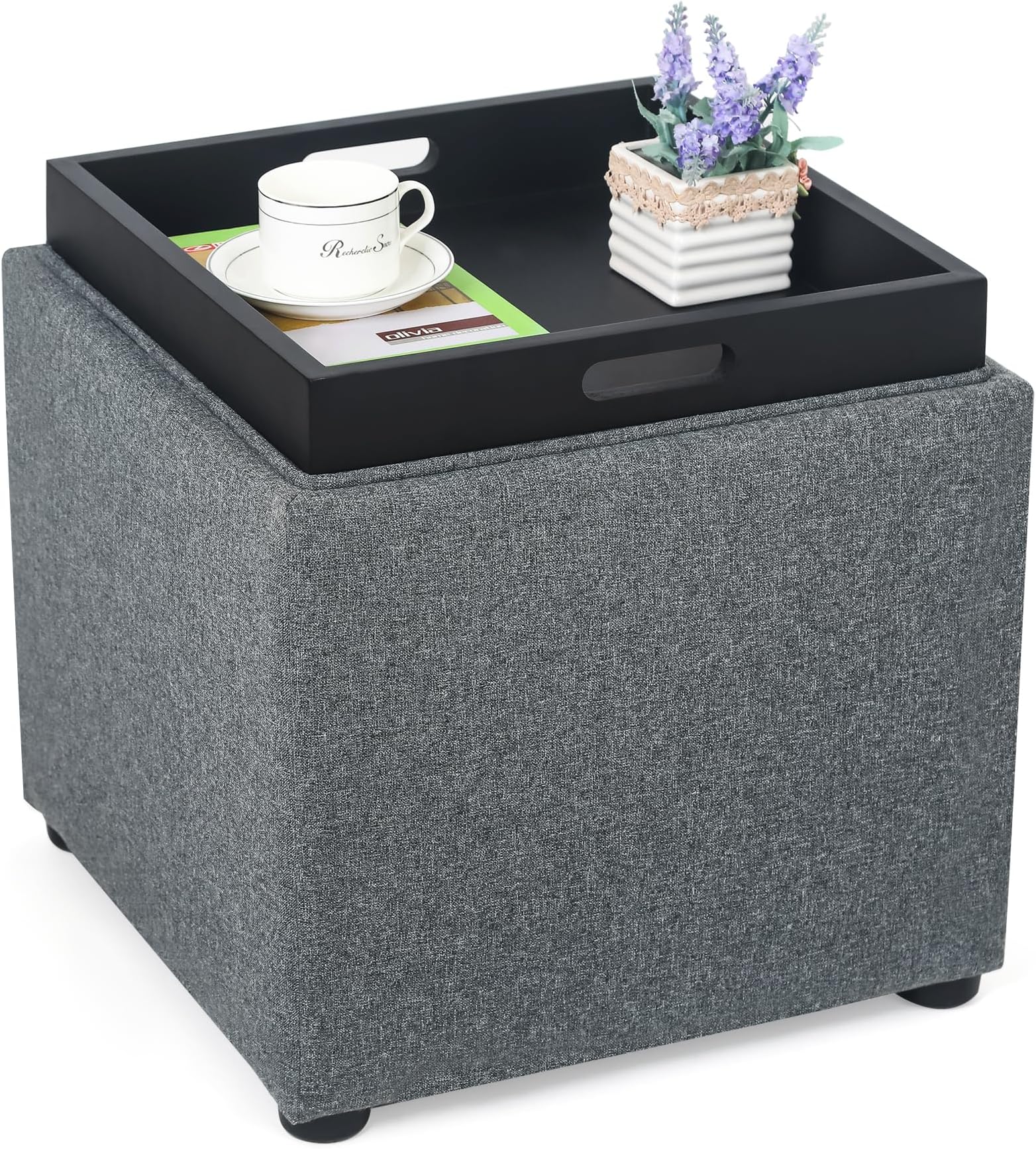 Adeco 17 inch Square Storage Ottoman with Reversible Tray Top, Linen Fabric Footrest Stool & Small Coffee Table for Living Room, Bedroom, and Dorm, Grey