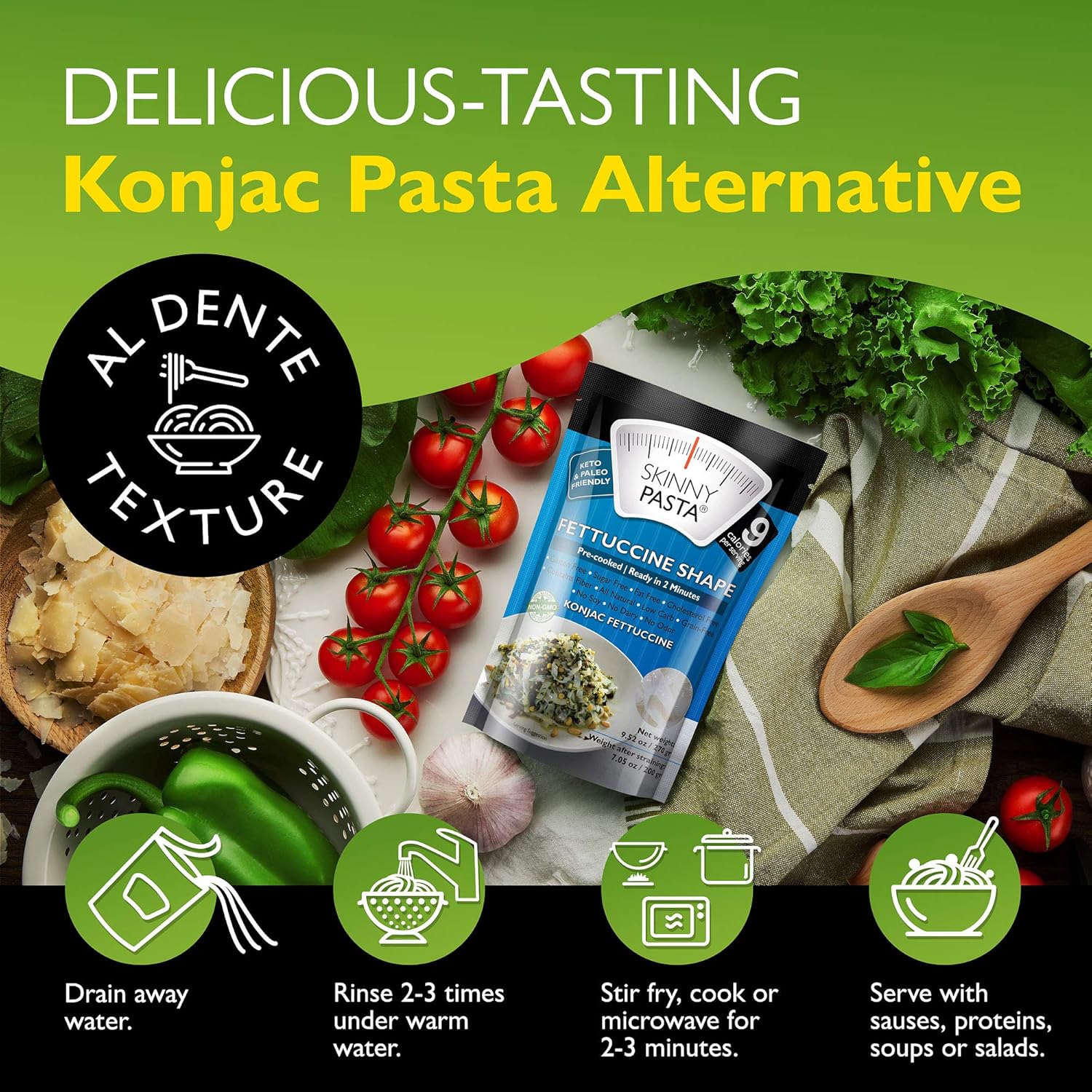 SKINNY PASTA Fettuccine - Healthy Konjac Shirataki Noodles, Low Carb Keto Pasta, Gluten Free, 6 Pack