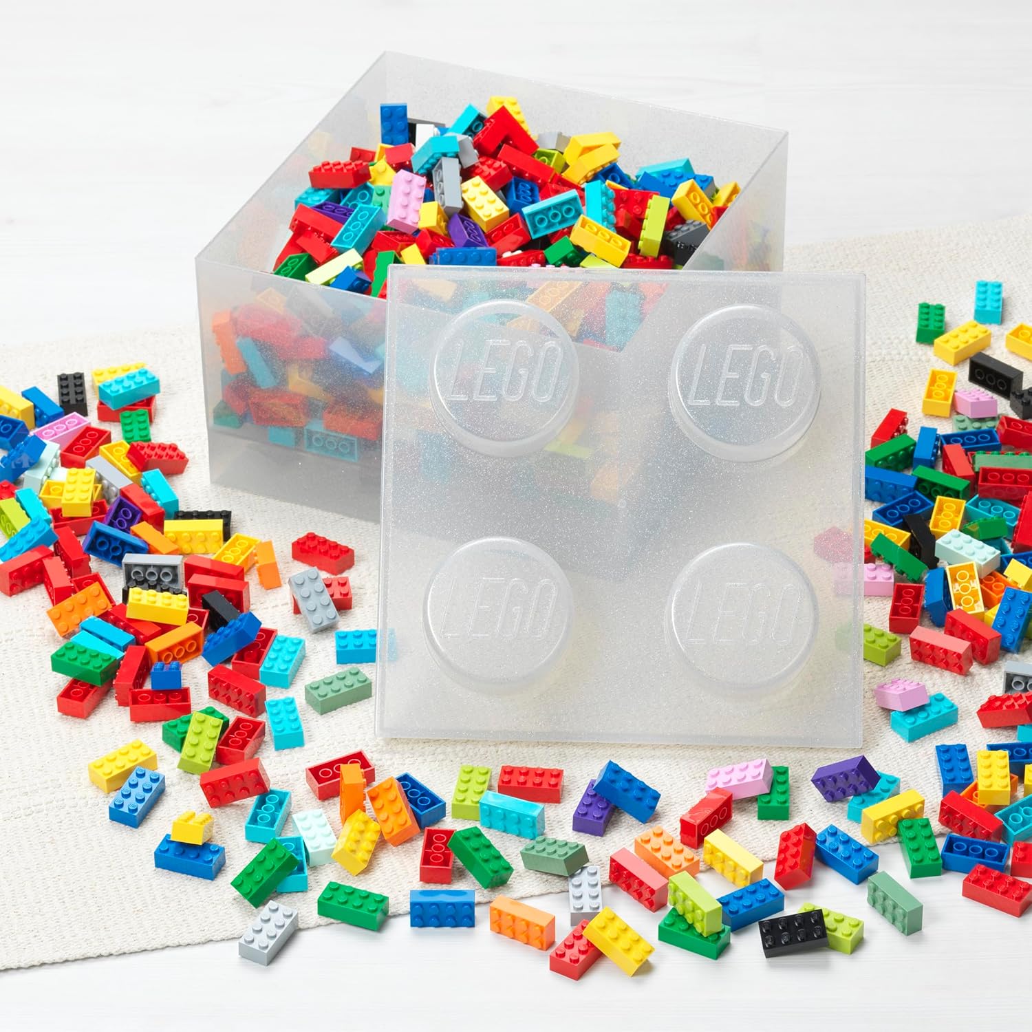 LEGO Storage Brick 4 Knobs Glitter Light Translucent - Stackable Plastic Storage Box with Lid for Kids and Adults Desk Organizer and Toy Box