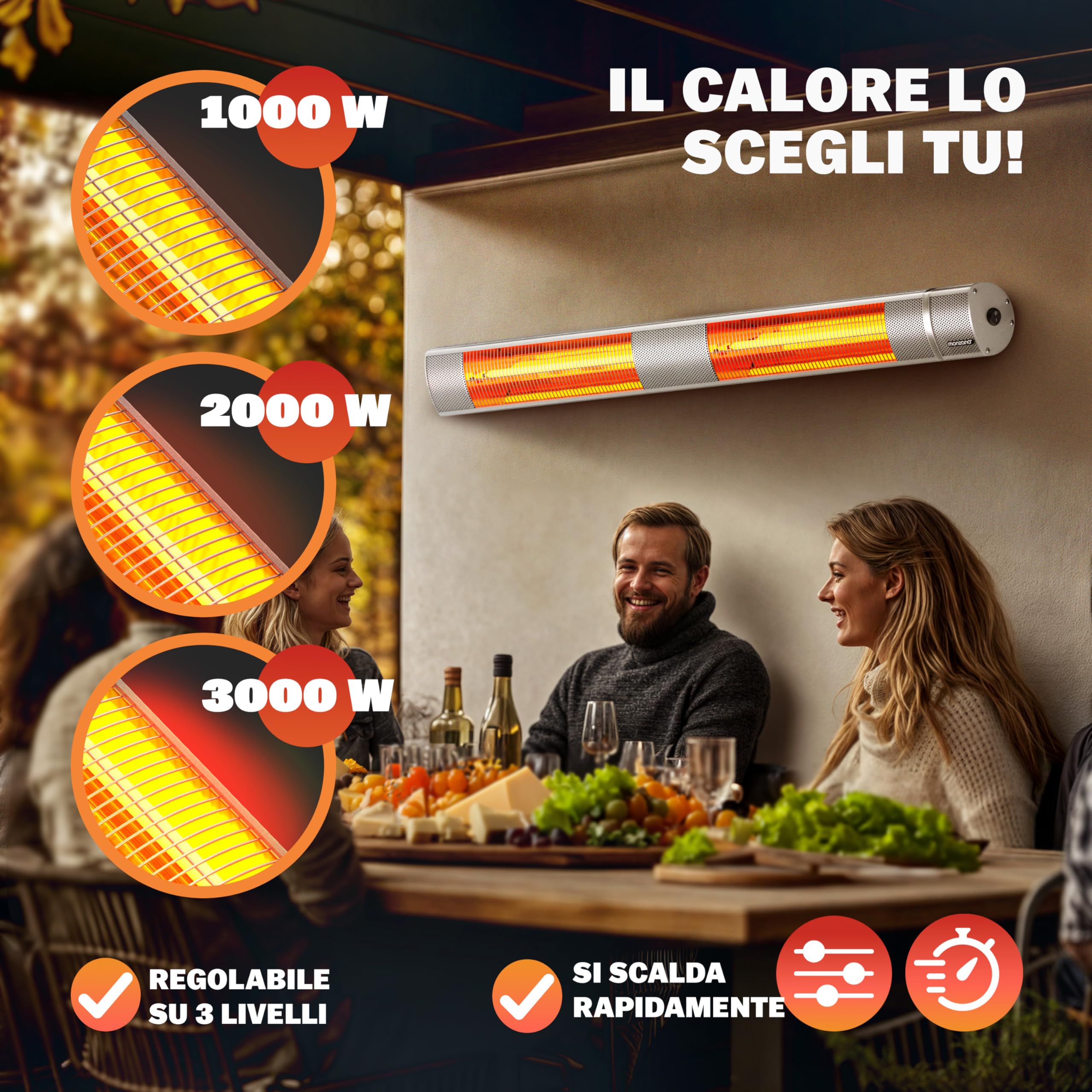 MONZANA® Stufa Elettrica a Infrarossi 3 Livelli di Calore 3000W Inclinabile di 90° Telecomando App IP55 Stufetta Fungo