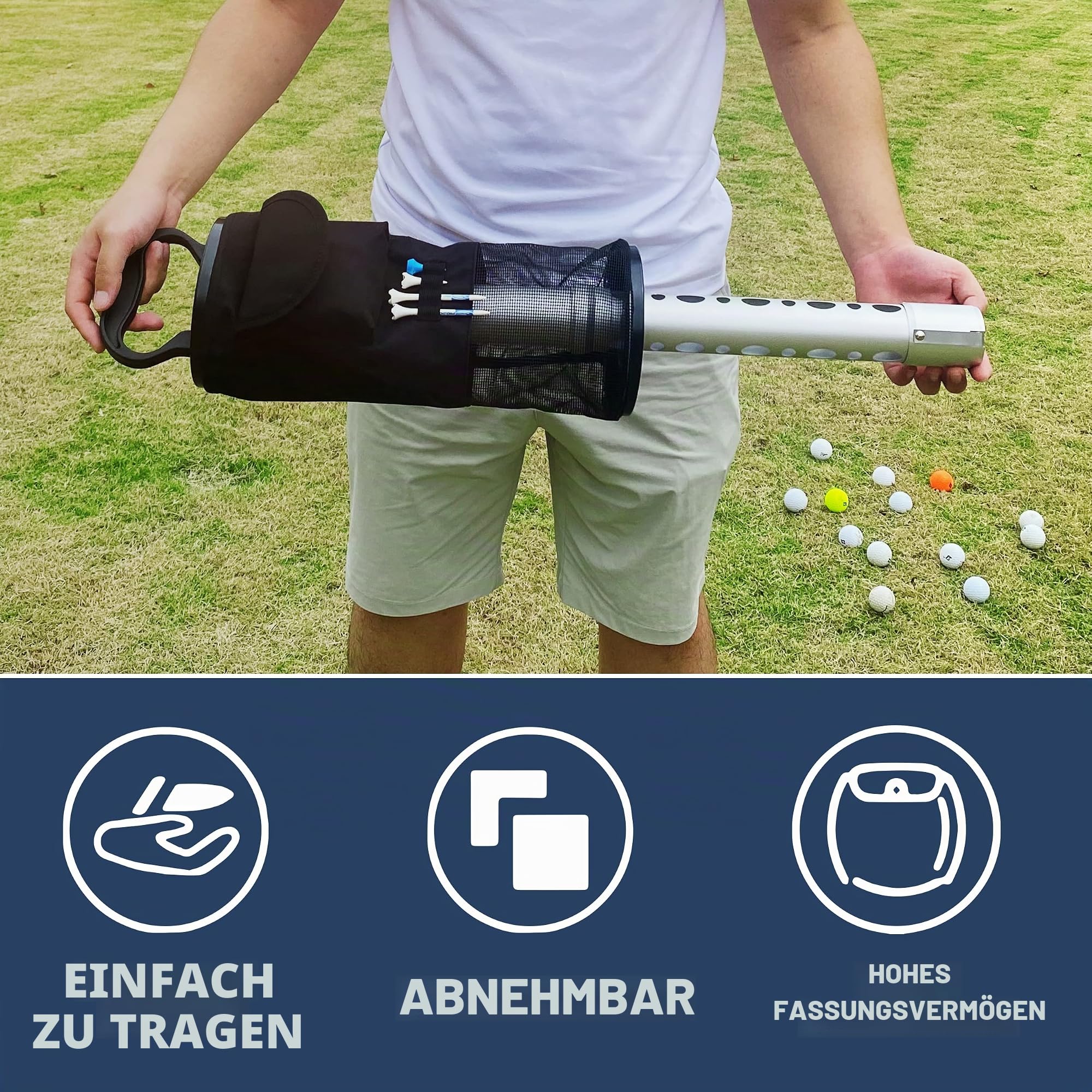 Shag Bag für Golfbälle, Golfball-Retriever, langlebiges Aluminium, Shaggeröhrchen, abnehmbarer Sammler und tragbarer Taschenaufbewahrungs-Picker (fasst 70 Bälle)
