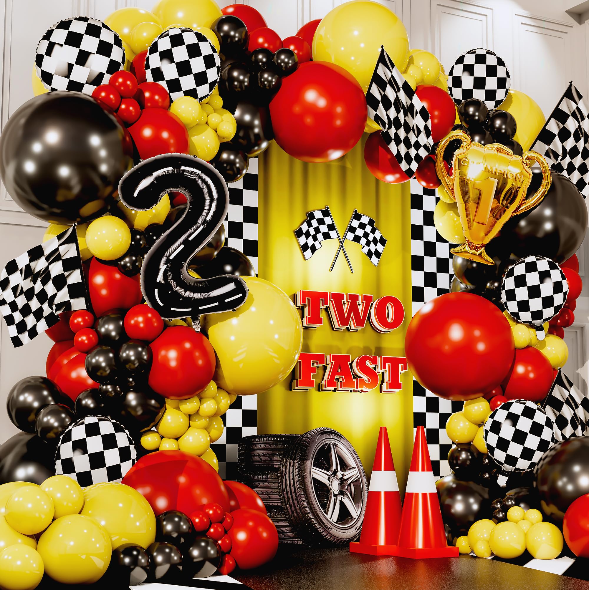 100pcs, EASY DIY – Cars Balloon Garland Kit & Arch with BONUS Trophy & Number 2 - Race Car Balloons for Lightning McQueen Race Car Birthday Party Supplies & Boy Cars Theme Birthday Party Decorations