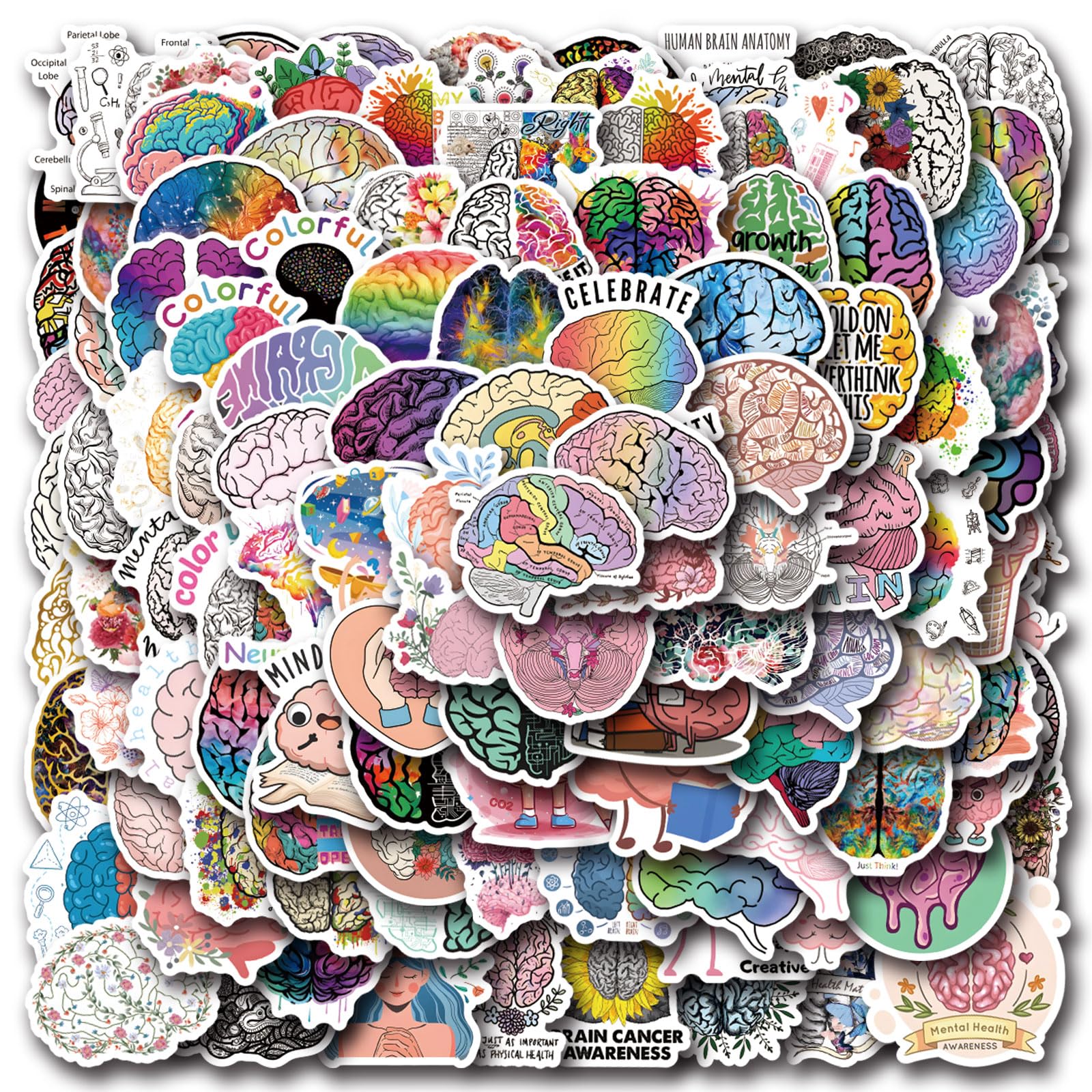 120 Pcs Brain Stickers Pack | Colorful Brain Vinyl Stickers for Scrapbook,Journaling,Laptop,Bumper,Skateboard,Water Bottles,Computer,Phone,Cartoon,