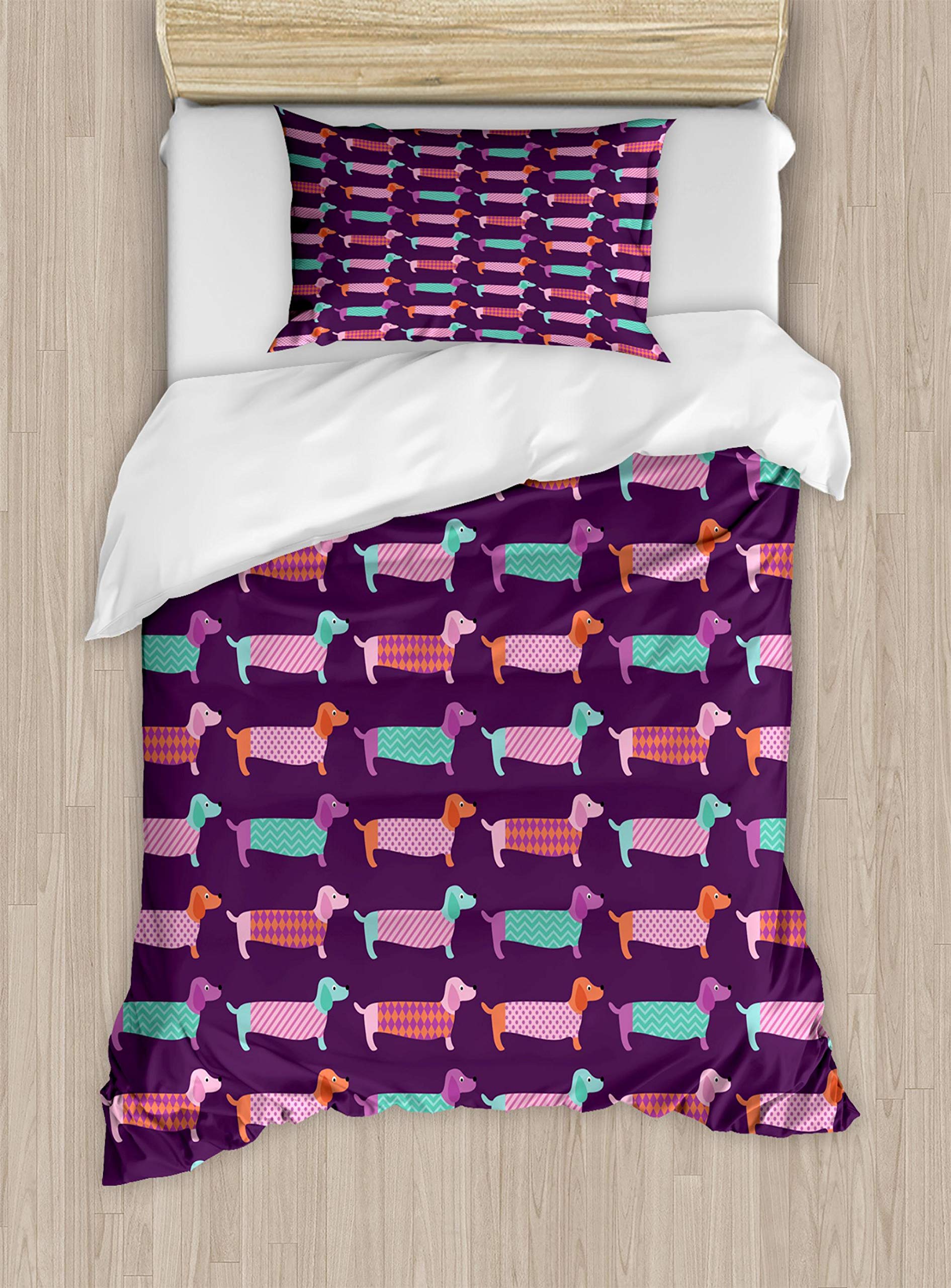 Ambesonne Dachshund Duvet Cover Set, Sixties Inspired Color Palette Abstract Pet Puppies Pattern Funky Animals, Decorative 2 Piece Bedding Set with 1 Pillow Sham, Twin Size, Purple Pink