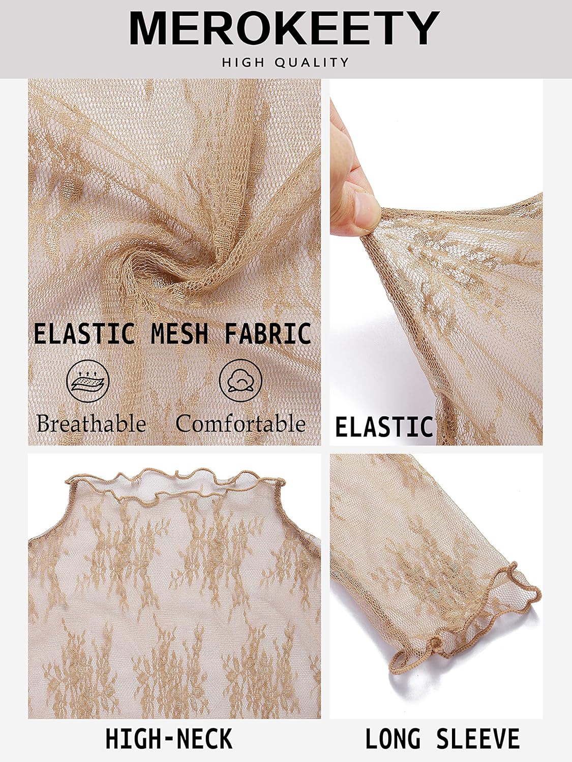 MEROKEETY Womens 2026 Mesh Sheer Lace Long Sleeve Top Sexy Y2k Mock Neck See Through Shirt Blouses - Image 5