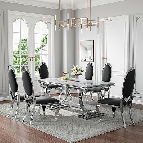 Miniatura 39 de Juego de mesa de comedor de mármol sintético de 70 pulgadas para 6, mesa de cocina grande y sillas de cuero sintético blanco, mesas de comedor Plata