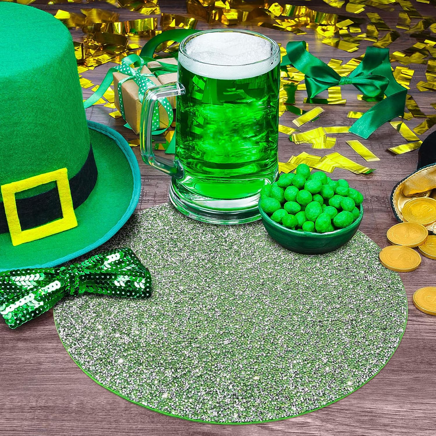 Green Rhinestone Placemats Set of 4, Round Glitter Crushed Diamond Table Mat for Christmas Home Kitchen Table Centerpiece Party Tableware Decoration 15 Inches