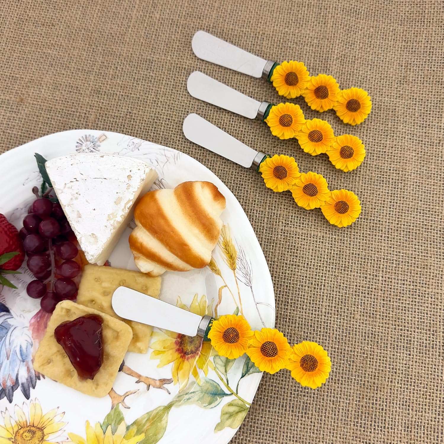Supreme Housewares Sunflower Cheese Spreaders, Hand-Painted Resin Handles with Stainless Steel Blades for Spreading Cream Cheese, Butter, Jam, or Sandwich, Set of 4
