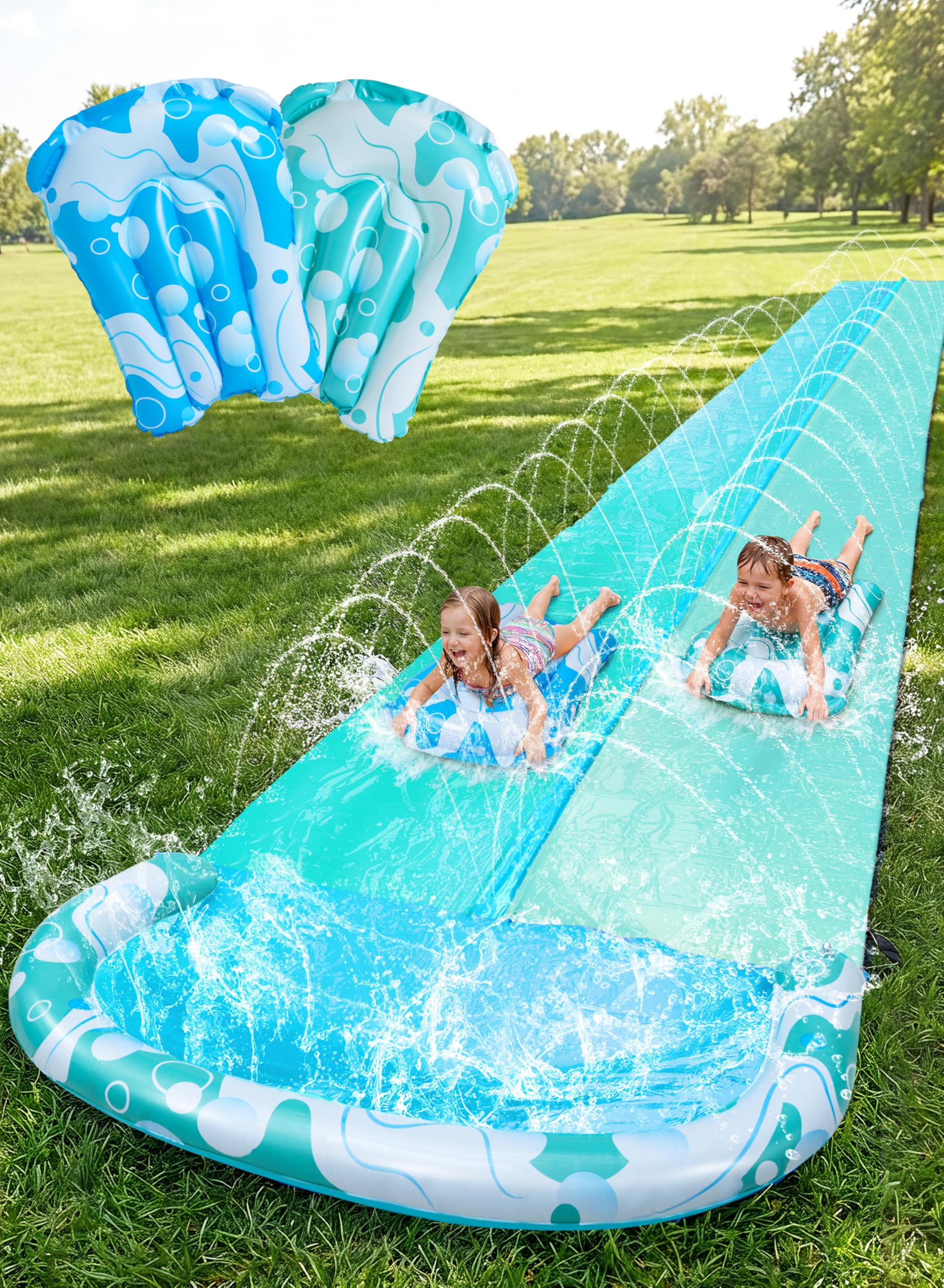 JOYIN 22.5FT Water Slide and 2 Inflatable Boards, Extra Long Heavy Duty Double Lawn Waterslide with Sprinkler for Kids Adults Backyard Summer Water Toy Outdoor Fun, Blue, Light Blue