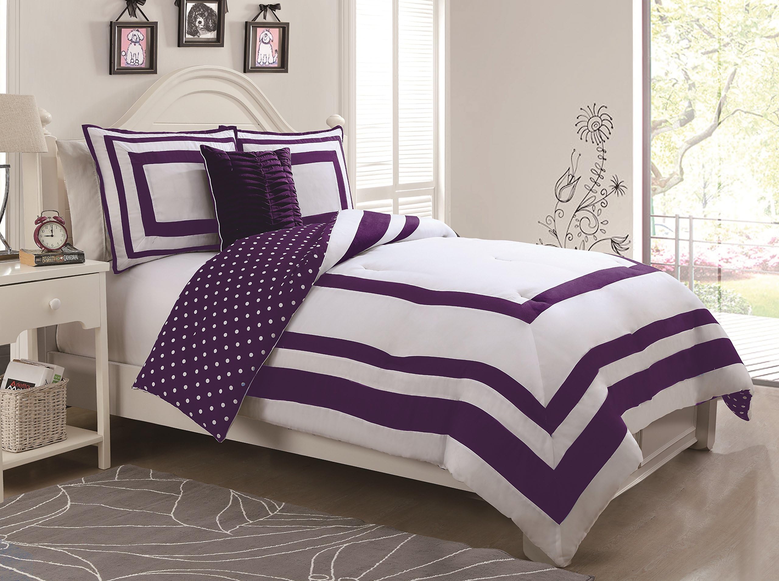 Geneva Home Fashion 3-Piece Hotel Juvenile Reversible Polka Dot Comforter Set, Twin, Purple