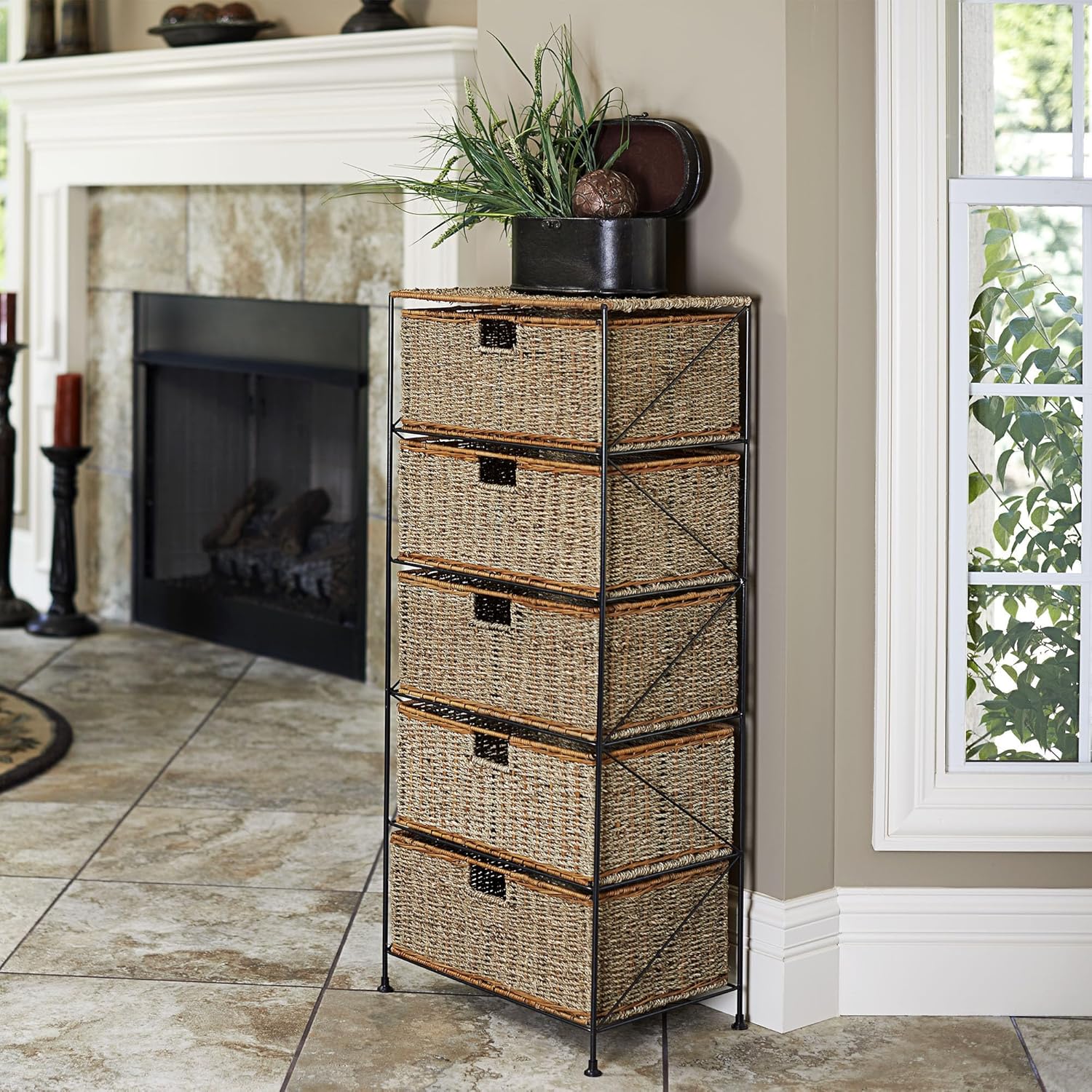 Household Essentials 5 Drawer Seagrass Wicker Storage Unit, Rattan Storage Tower with Protective Coating, Strong Metal Frame, Spacious and, Rustic Modern Design, Handwoven, Natural