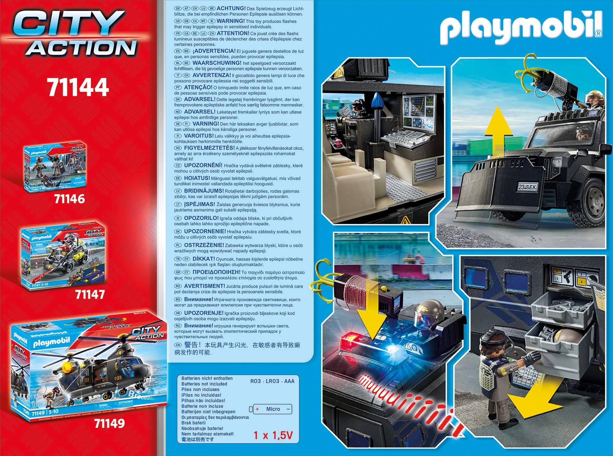 PLAYMOBIL City Action 71144 SWAT pojazd terenowy, nowoczesny SEK ze światłem i dźwiękiem, 71371 gaśniczy na lotnisku