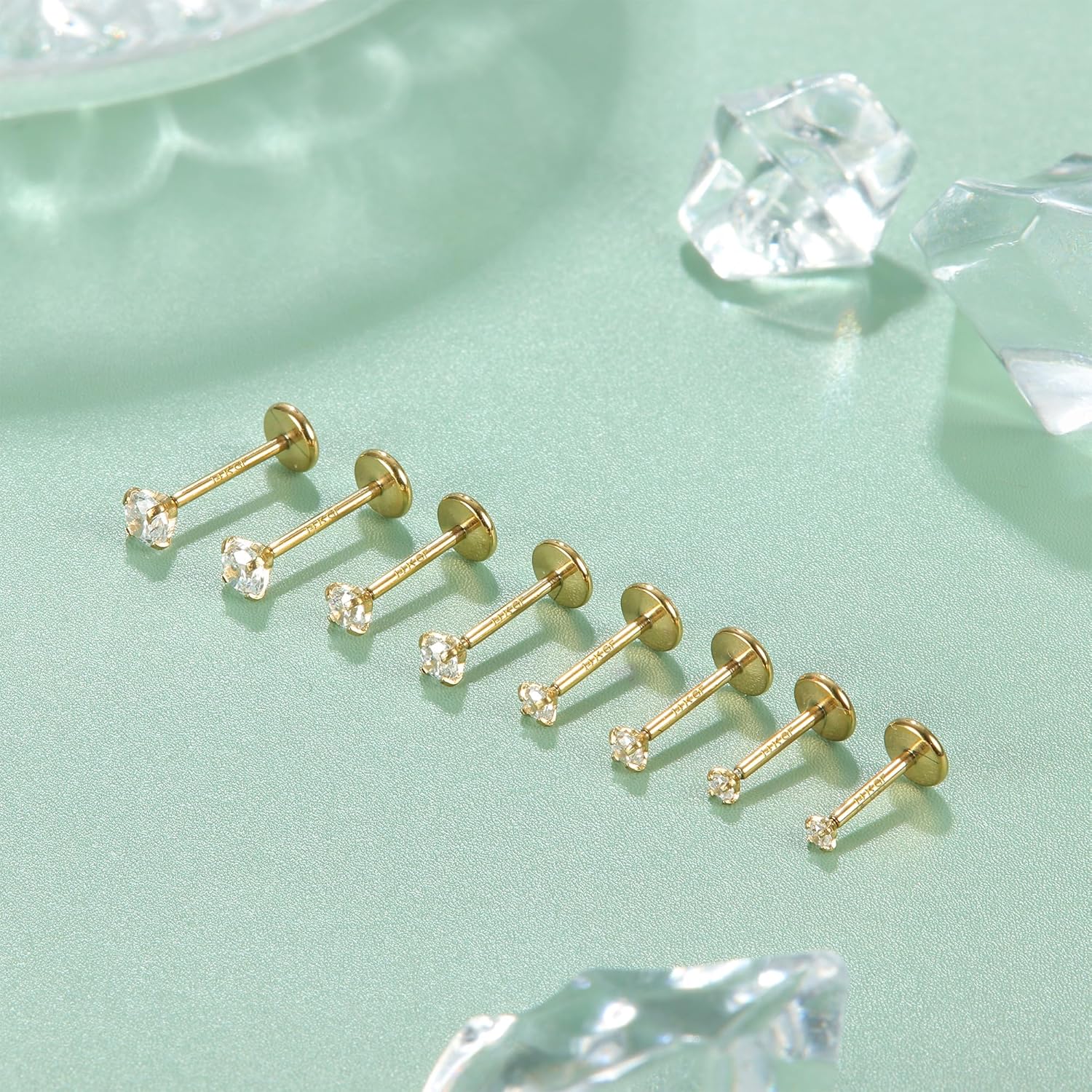 LOLIAS 14K Gold Plated Threadless Nose Studs CZ Nose Rings for Women Men 316L Surgical Steel Labret Studs Lip Rings Push in Flat Back Stud Earrings CZ Nose Nostril Tragus Helix Piercing Jewelry Hypoallergenic 20G 18G 16G - Image 8