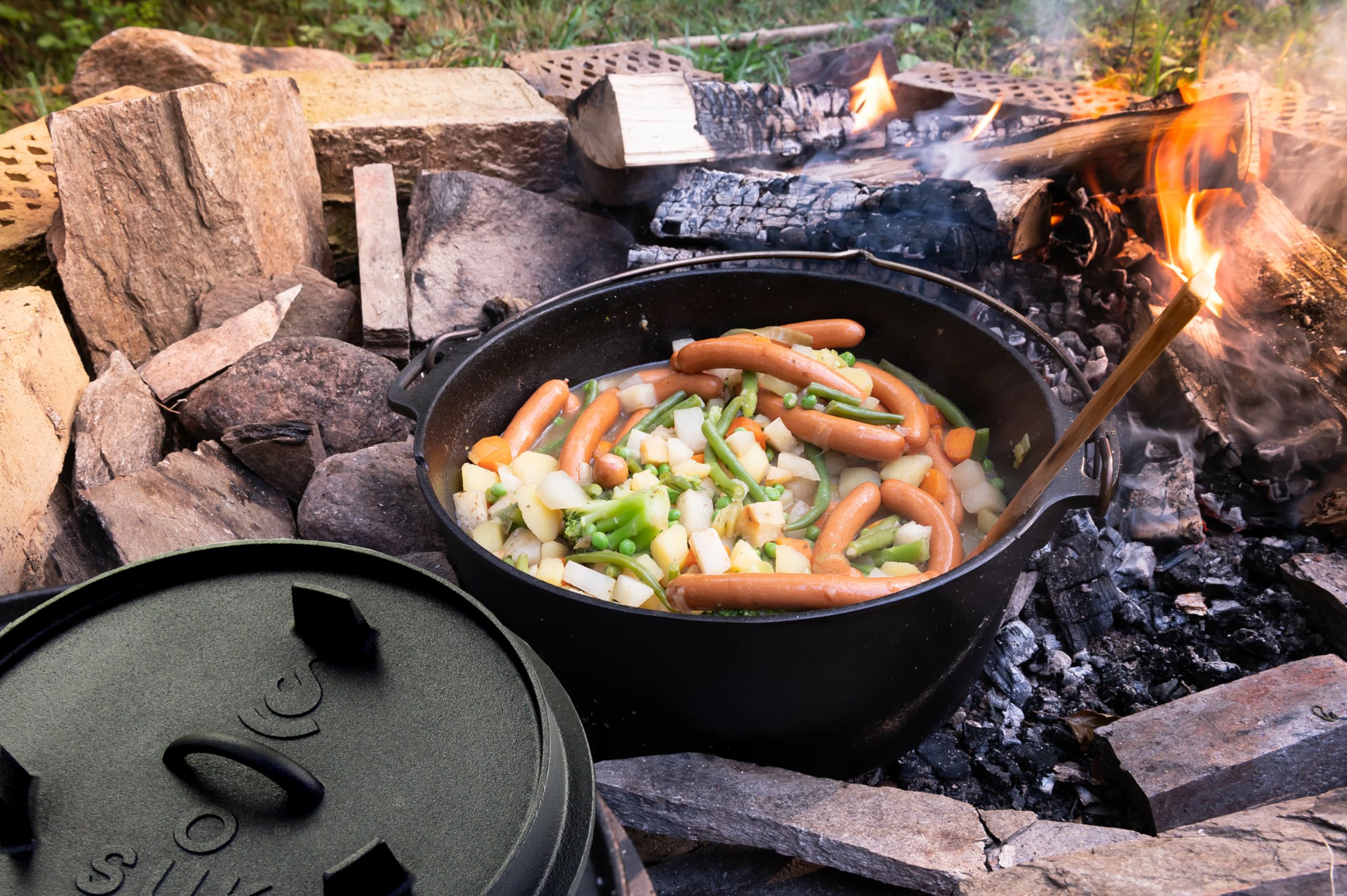Dutch Oven Set 6 L Gusstopf Gusseisen Feuertopf Deckelheber Edelstahl Untersetzer