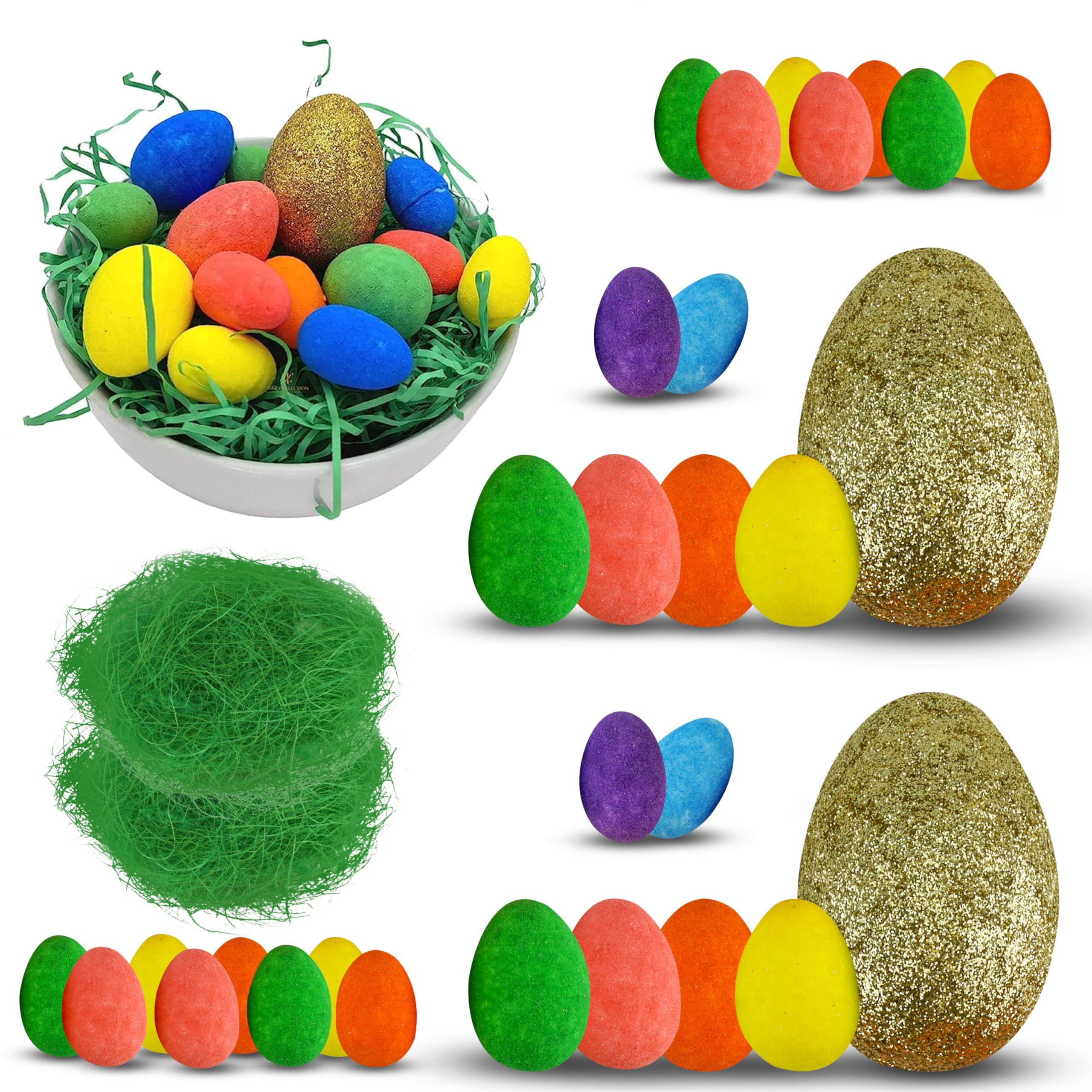 Hovuk 32Pcs- Egg Decoration Set 32Pcs Glitter Easter Eggs Decoration - Large Golden Eggs With Coloured Glitter Eggs And Grass, Hoppy Easter Foam Eggs Ornaments For Easter Craft Eggs