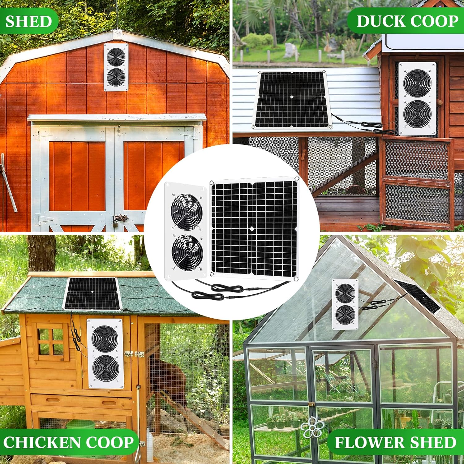 2 Sets Solar Panel Fan Kit 25W 12V Solar Fans for Outside Greenhouse USB Portable Waterproof Dual Fan with Metal Shell for Inside Chicken Coop, Shed, Pet House
