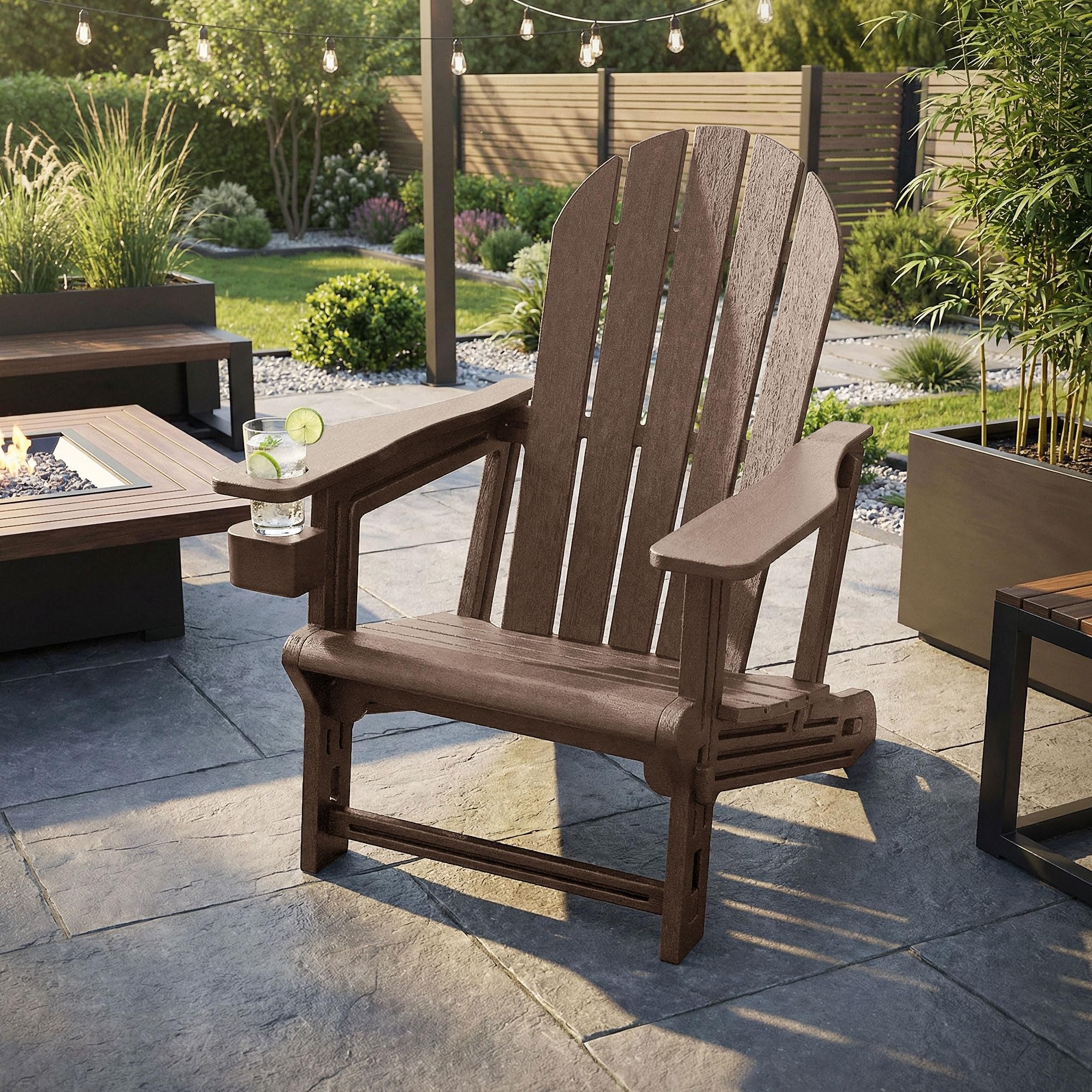 ML-Design Chaise Adirondack Marron avec Porte-Gobelet Intégré, Siège de Jardin en Plastique HDPE Aspect Bois, Résistant aux Intempéries, Montage Facile, Fauteuil Extérieur pour Terrasse Patio Balcon