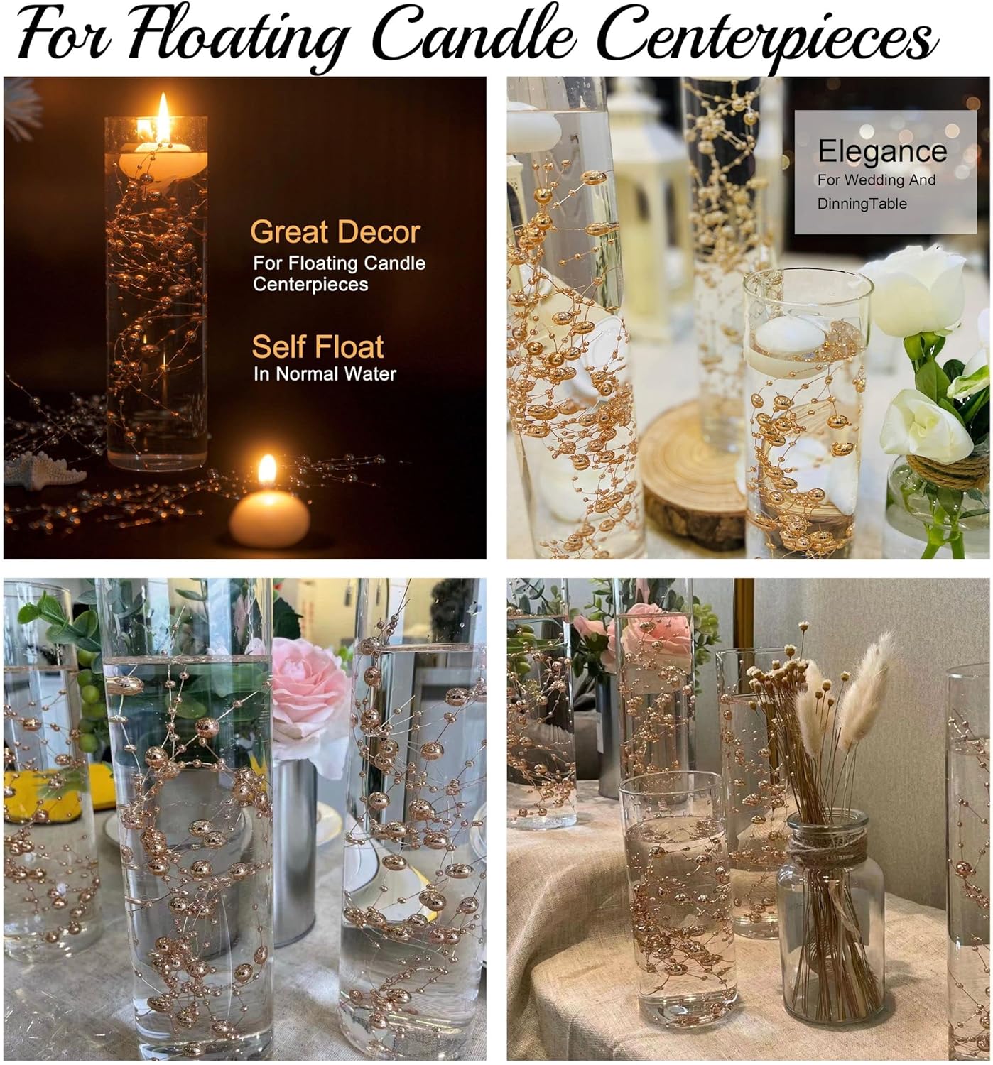 TeaSu 24Pcs Pearl String for Floating Candle Centerpieces, Pearl Vase Filler Decor for Wedding Centerpieces (Champagne Gold)