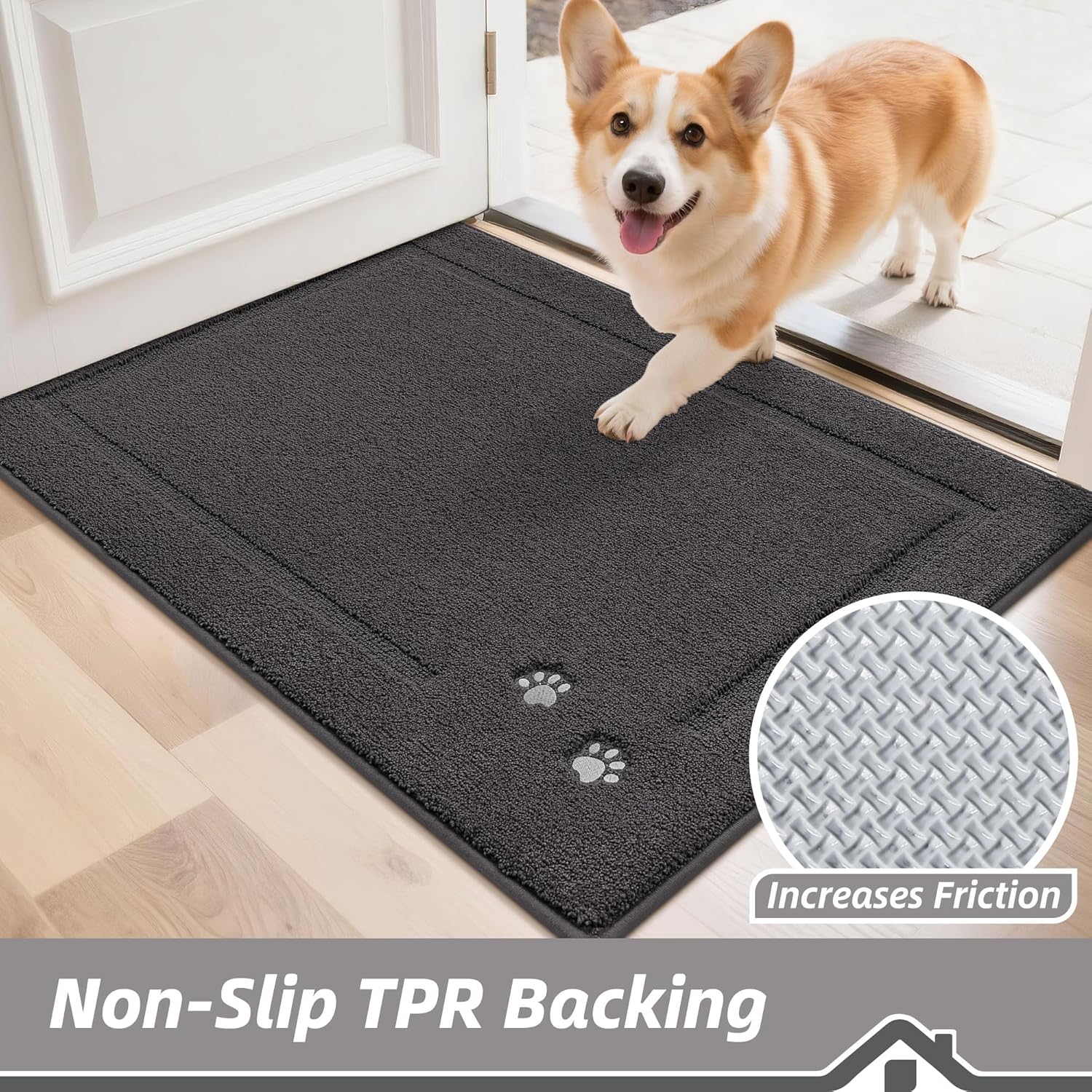 BEQHAUSE Dog Door Mat for Mud Paws Dirt Trapper Doormat Non-Slip Entryway Rugs Absorbent Welcome Mat Washable Indoor Floor Mat Low-Profile for Front Door, 24" x 36", Dark Grey