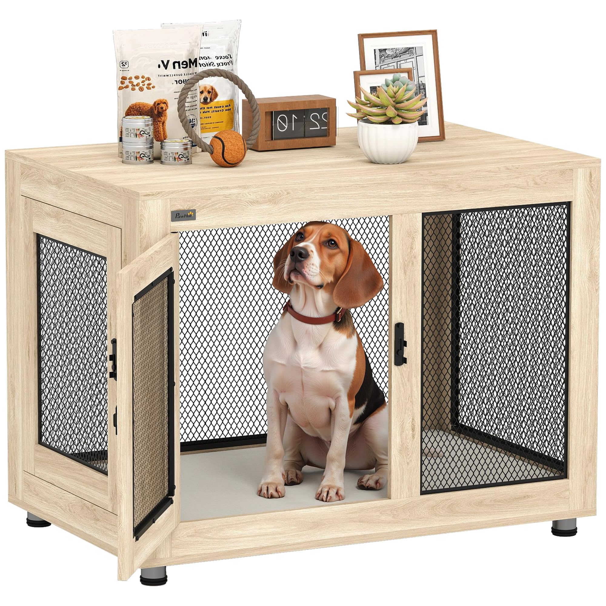 PawHut Jaula para Perros Grandes Estilo Mueble Casa para Perros 94x60x71,5 cm Mesa Auxiliar con 2 Puertas de Pestillo Cojín de Tela Oxford y Rejillas de Acero Roble
