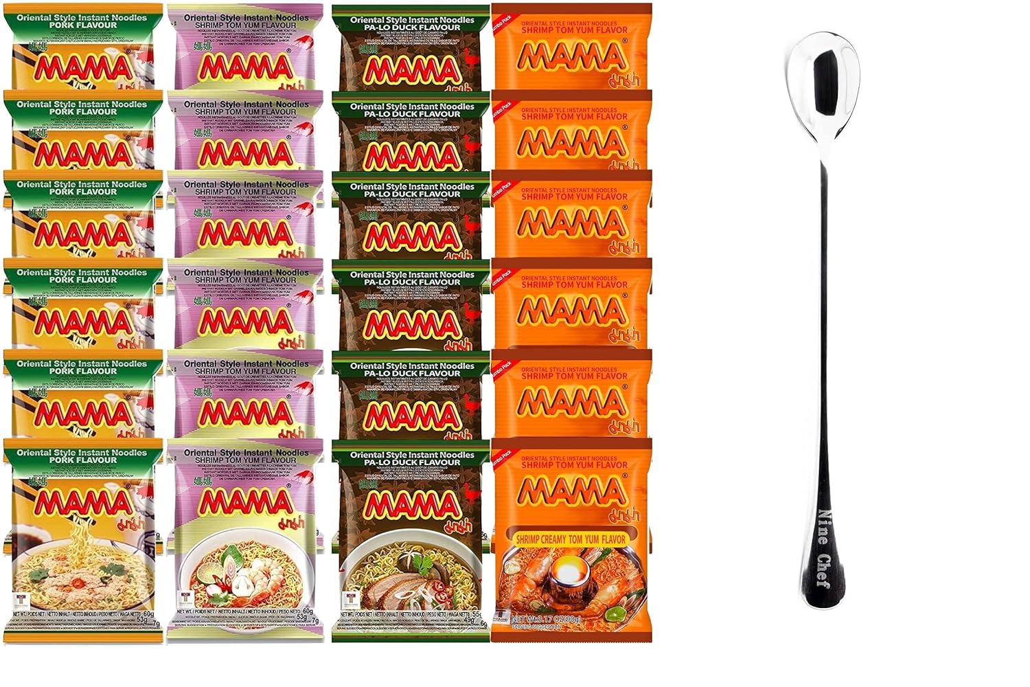 Mama Ramen Thai Noodle, 4 flavor (Shrimp Tom Yum, Pa Lo Duck, Shrimp Creamy Tom Yum, Pork), each flavor 6 bags Total 24 small bags noodle plus Coffee Spoon