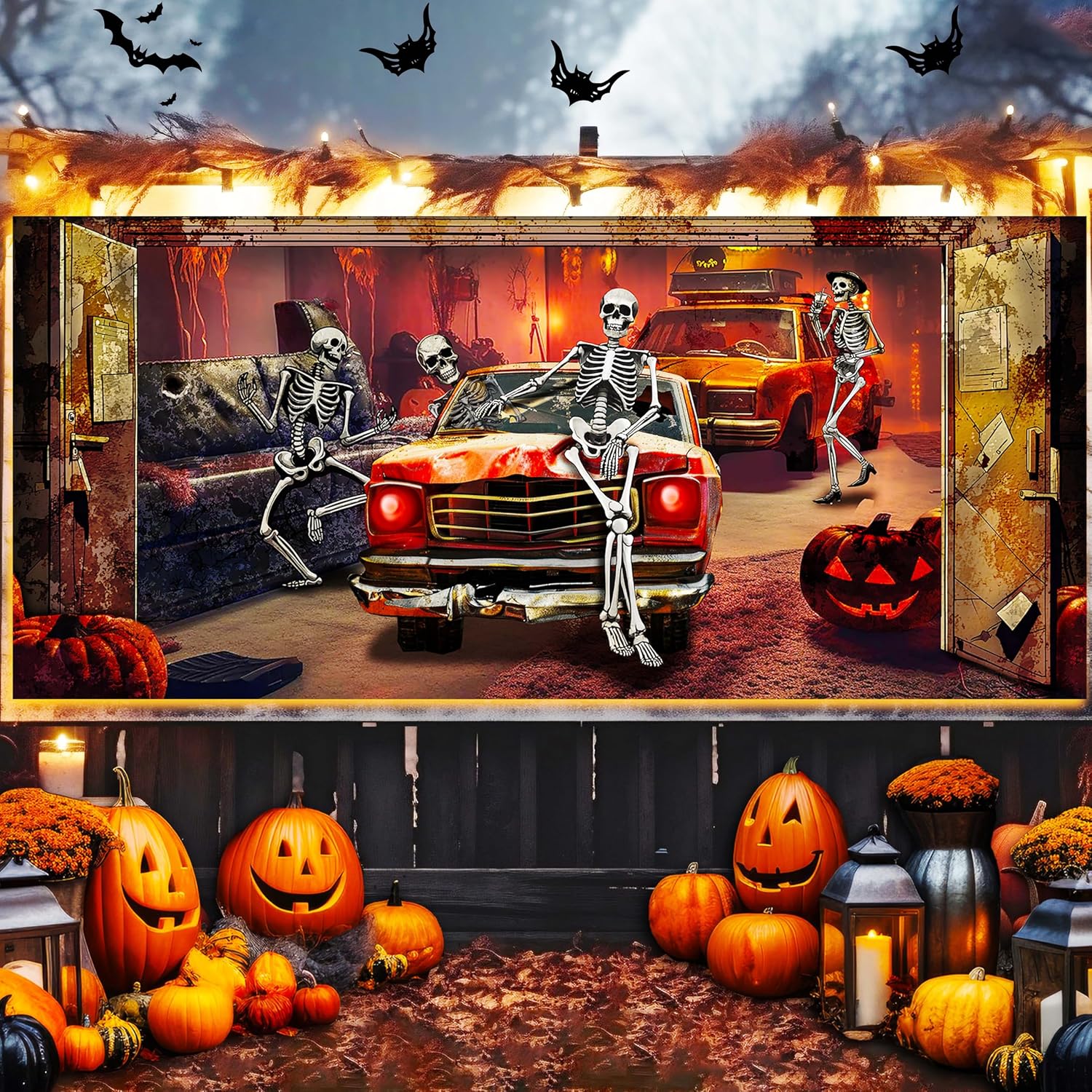 Cinrobiye Halloween Garage Door Banner Decorations, 6x13ft Hanging Backdrop Door Cover Halloween Skeleton Garage Wall Decorations Trick or Treat Party Supplies for Door Wall Outdoor Decor (Car)