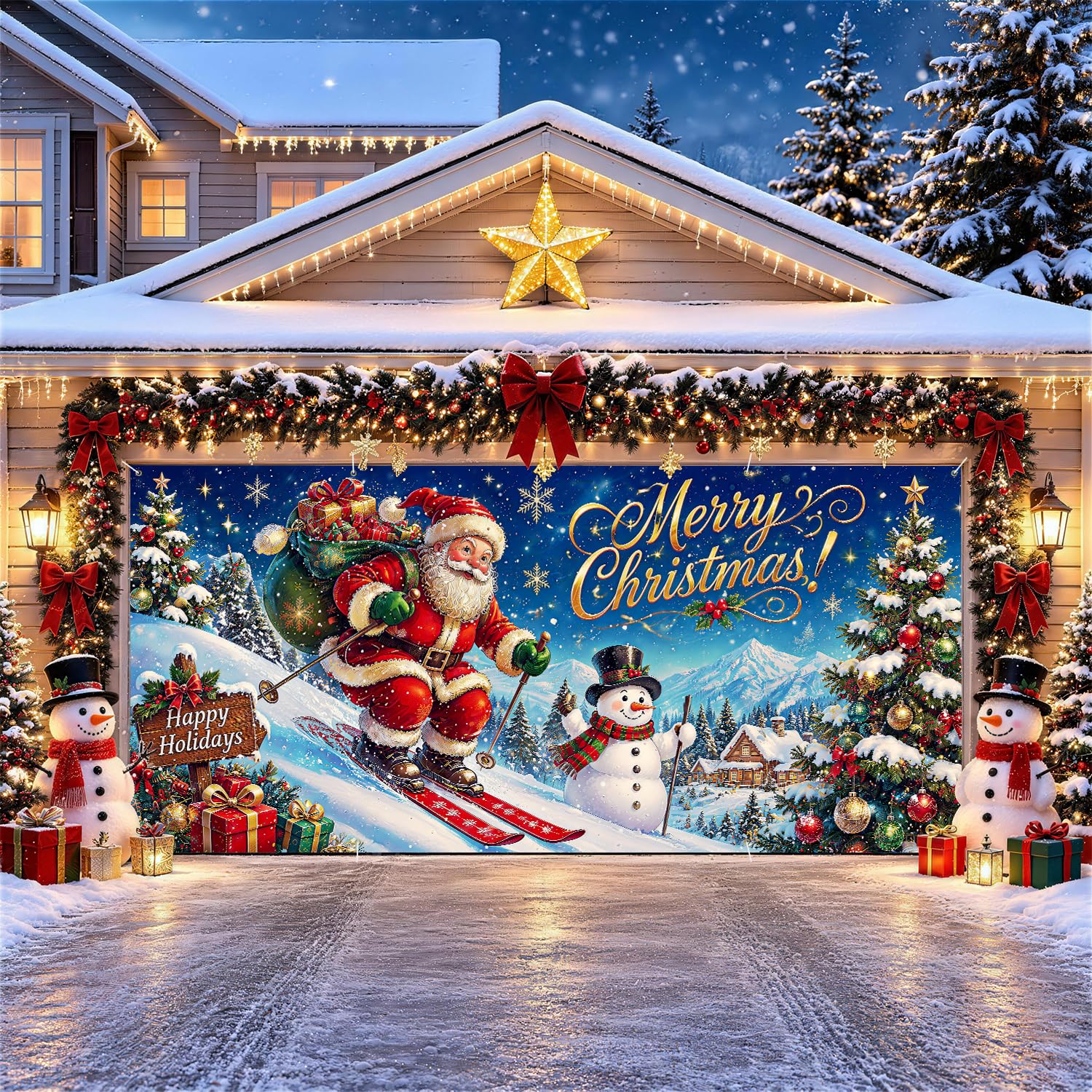 Christmas Garage Door Decorations 6 x 13 ft, Santa Ski Cover