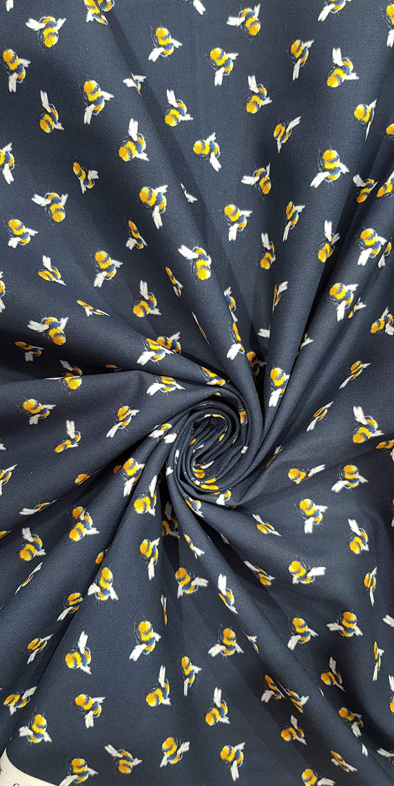 1 Metre Navy Blue - 100% Egyptian Cotton Super Soft Touch Buzzy Bees Printed Fabric Bumble Bee Insects Bugs Dressmaking Quilting Sewing Material 54” / 140cm Wide