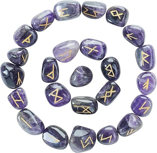 Crocon Juego de 25 piedras preciosas de amatista con alfabeto de Futhark de saúco, símbolo grabado, juego de 25 piezas para Feng Shui, equilibrio de