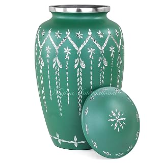 Nagina International Urna de cremación de aluminio fundido a mano de 10 pulgadas, color verde diamante, cincelada a mano, con tapa, urnas de metal de aluminio para mascotas y adultos (verde cincelado)