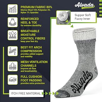 Alvada Mens Merino Wool Crew Socks Thermal and Warm Socks for Winter Work Hiking Running 3 Pairs