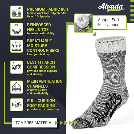 Alvada Mens Merino Wool Crew Socks Thermal and Warm Socks for Winter Work Hiking Running 3 Pairs