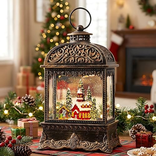 Vista 12 de Globo de Nieve de Pueblo Navideño Linterna de Agua con Escena de Estación de Tren Operado con Batería o Alimentado por USB Musical Iluminada