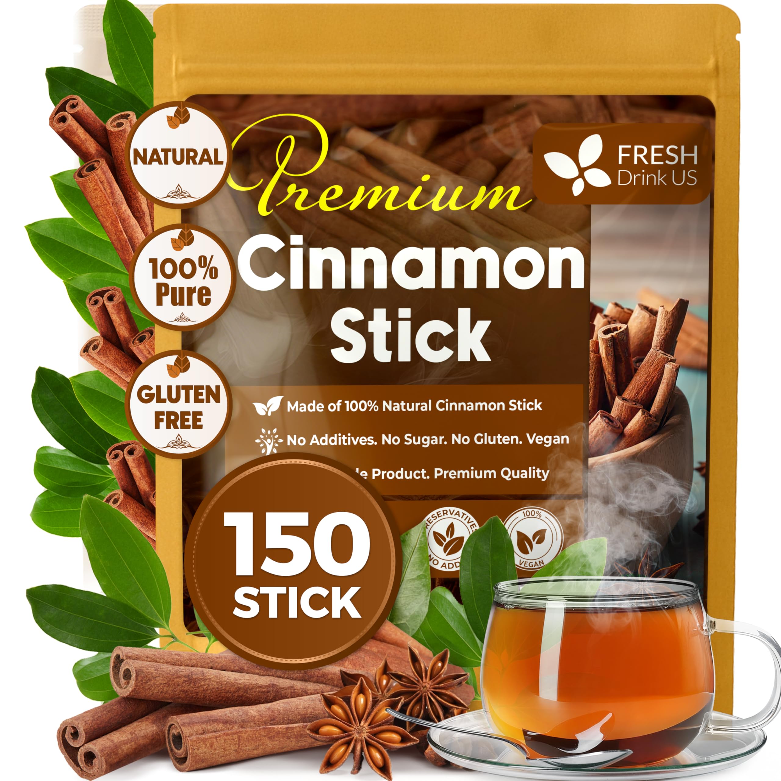 FreshDrinkUS, 150-160 Cinnamon Sticks, 2 ¾”, 100% Pure & Natural, Strong Aroma, Great for Baking, Cooking, Beverages & Gift, No Additives, Vegan,