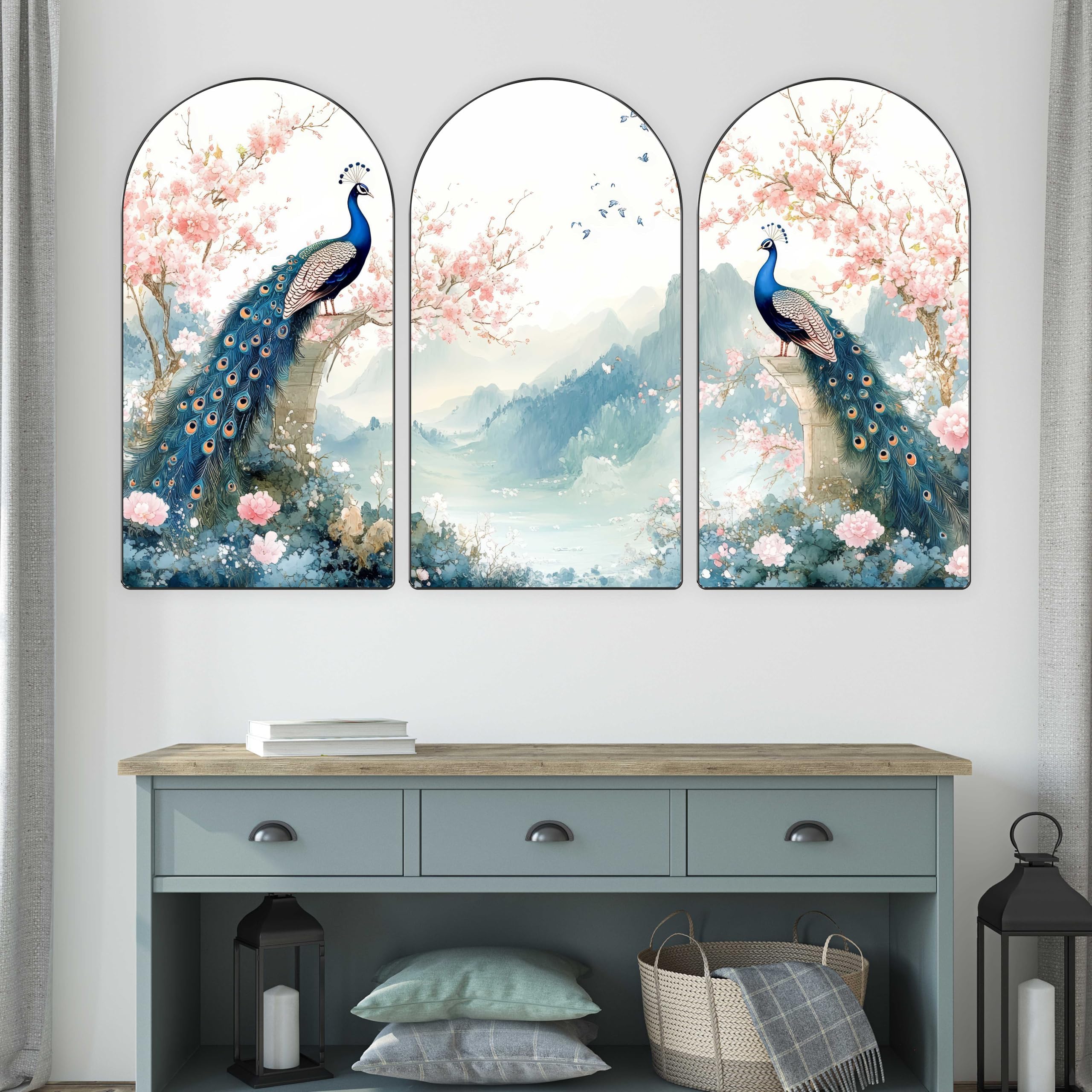 Livin'luxe Decorative Peacock Wall Art Panel Set | 3-Piece Traditional Indian Animal Artwork on MDF|Floral Arched Design for Living Room, Hallway & Office 30 x 50 inch RPNL-21