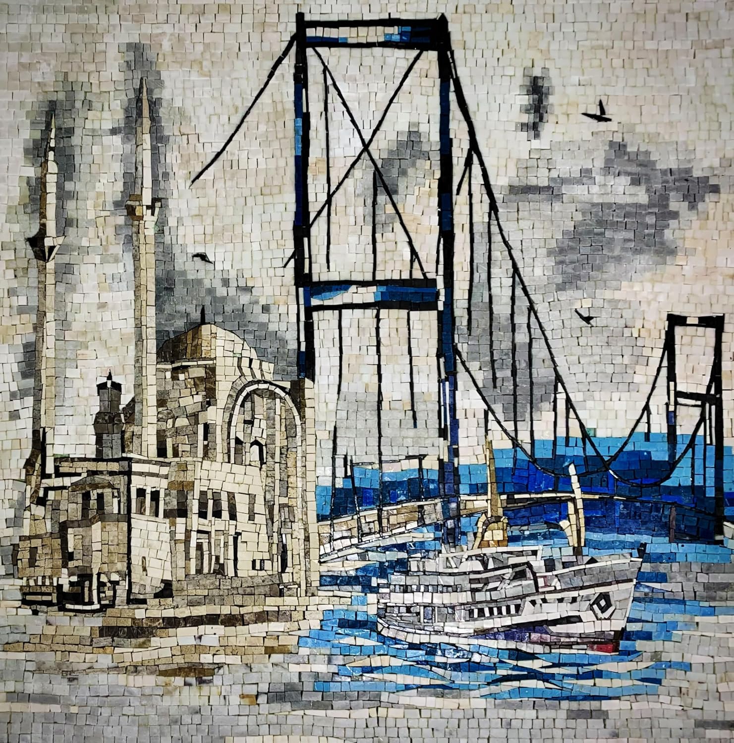 Handmade City Bridge and Harbor Marble Mosaic Wall Art, Coastal Urban Landscape Stone Mosaic Tile mural, Hand-Cut Scenic Wall Décor