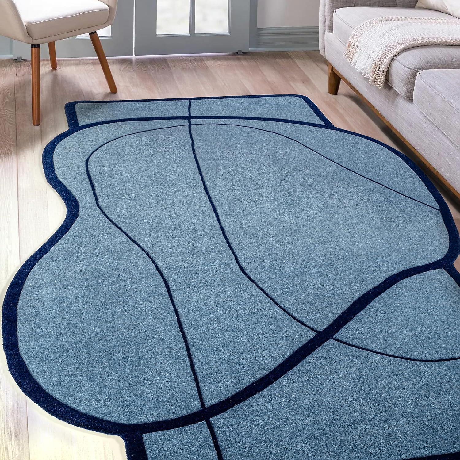 Hand Made Pure Woolan Carpet Carpets Irregular Shaped Handmade Area Rugs, Living Room, Bedroom 1' x 1' (U-Shape) Blue