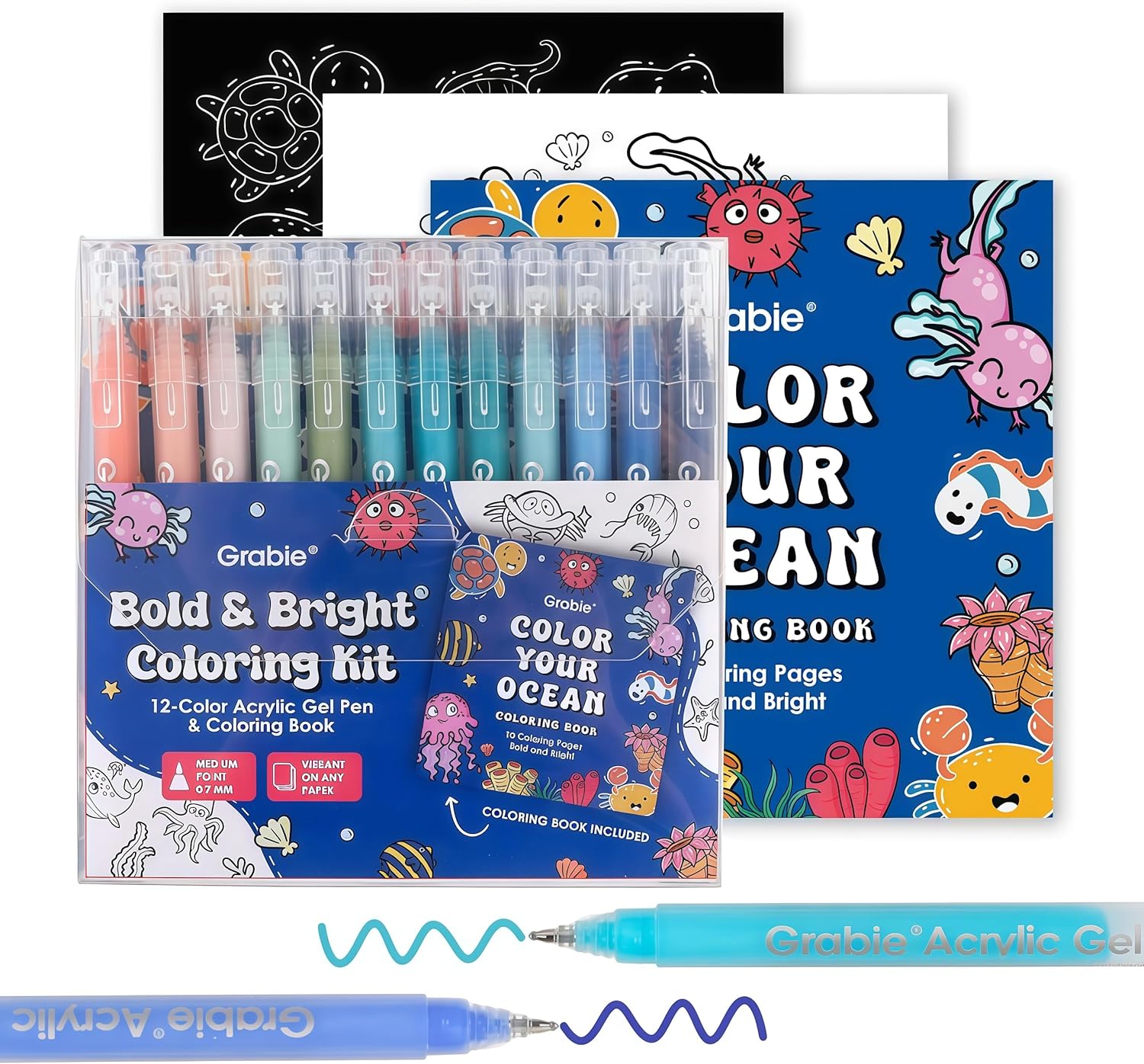 Grabie Coloring Kit, Acrylic Gel Pens Set with Coloring Book, 1.0mm Medium Tip Opaque Gel Pens for Adult Coloring Books, Drawing, Journaling, Planner, Art Supplies Gift Set of 12 Ocean Colors