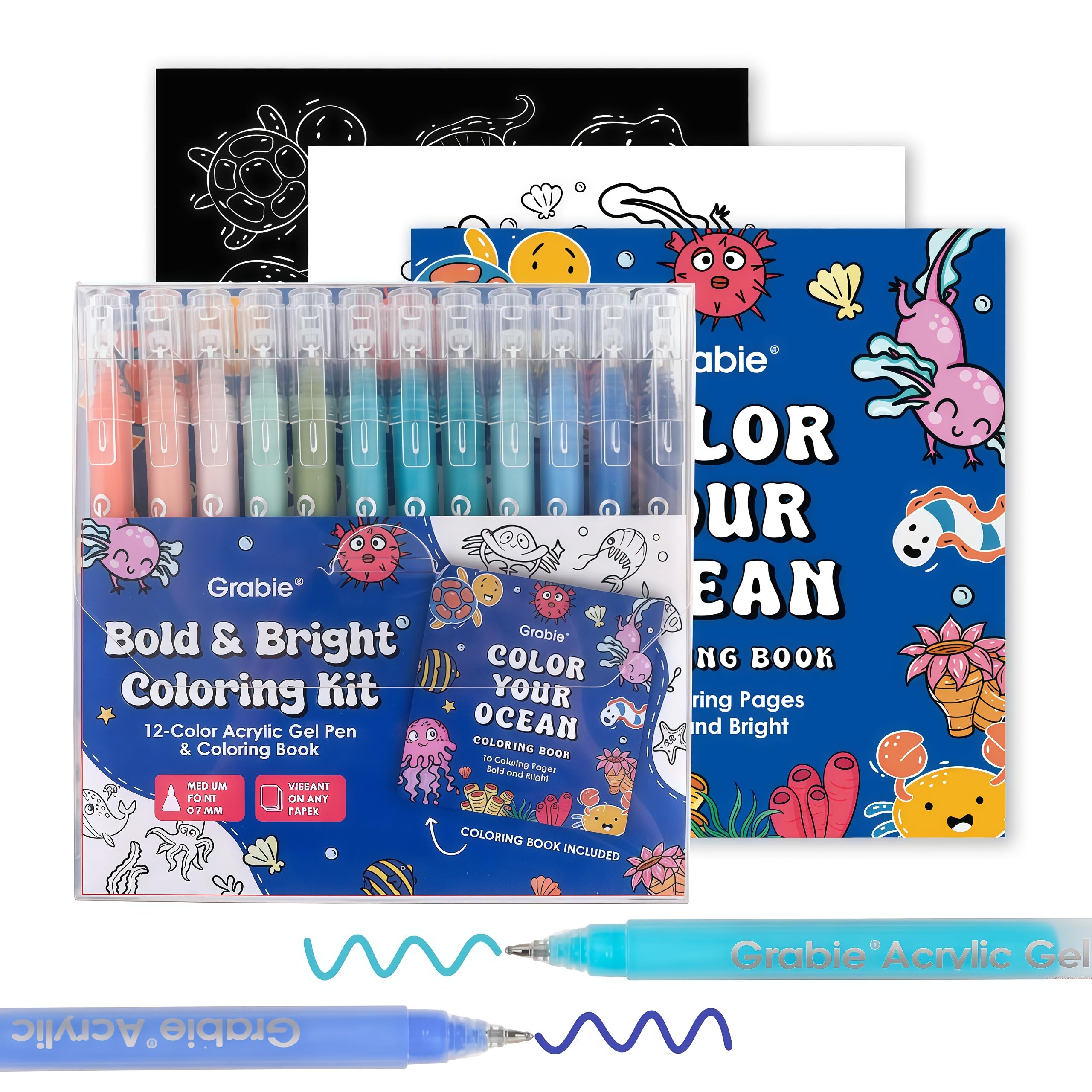 Grabie 12 Colours Acrylic Gel Pens&Coloring Book, Medium Point Colored Gel Pens, Acrylic Gel Ink Pen Assorted Colored for Drawing, Note Taking, Bold&Bright Coloring Kit, Set of 12 (Ocean Colours)