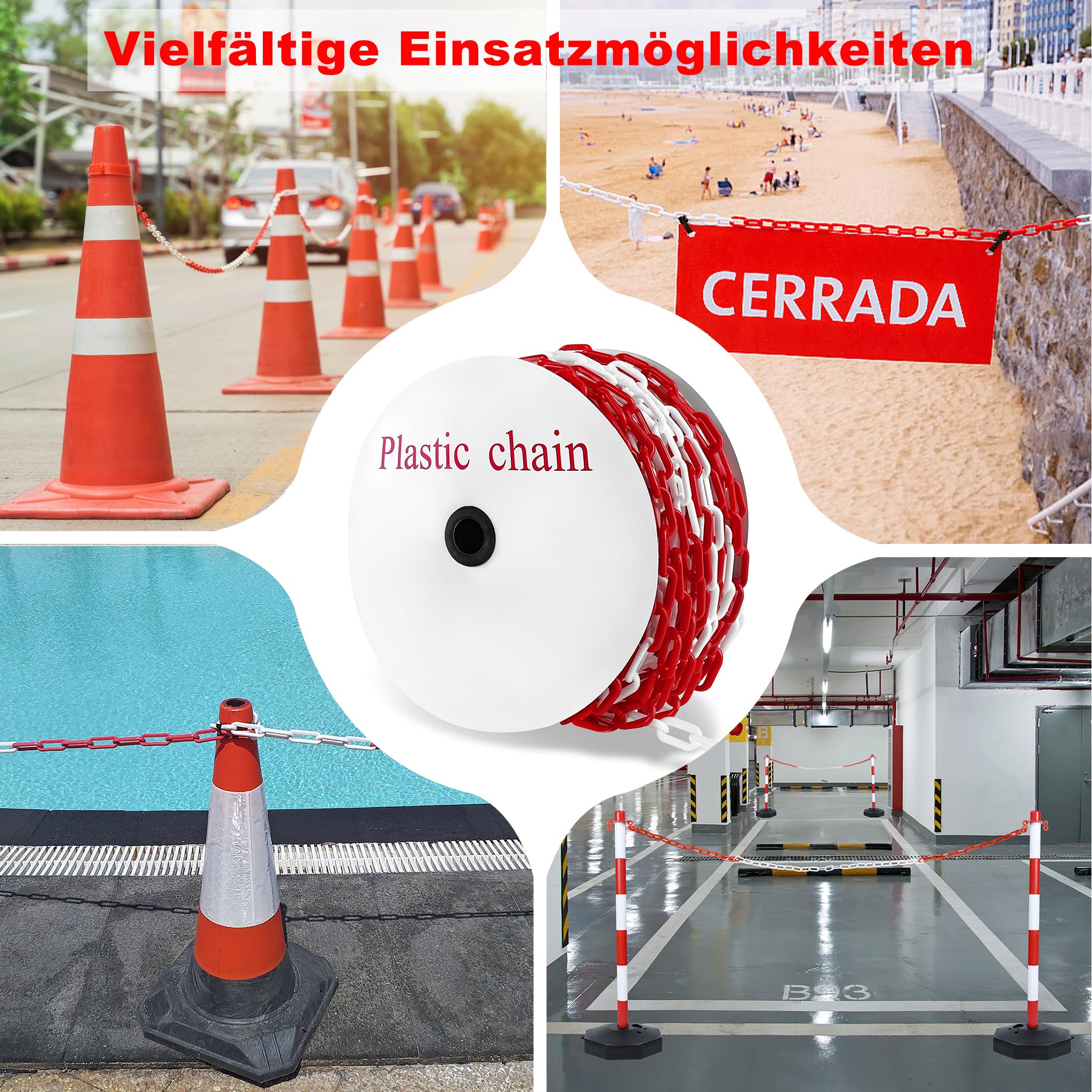 XMTECH Chaîne d'arrêt, en plastique, 6 mm de diamètre, 50 m de long, rouge et blanc, chaîne à maillons, chaîne de sécurité, pour chantier, résistante aux UV et au gel