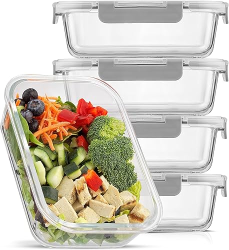 JoyJolt Recipientes de vidrio para almacenamiento de alimentos con tapas. Paquete de 5 recipientes de vidrio reutilizables de 35 onzas con un solo