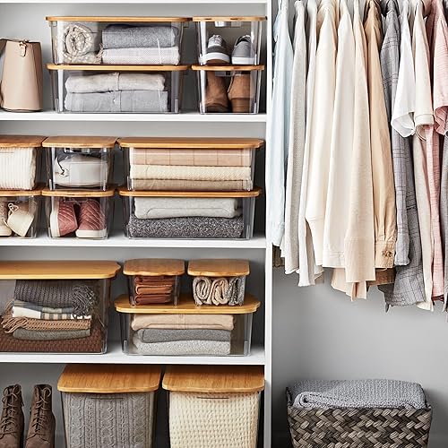 Miniatura 5 de Contenedor de almacenamiento con tapa de bambú, cesta apilable decorativa, organizador de mesa de cocina, oficina, organizador multiusos (2