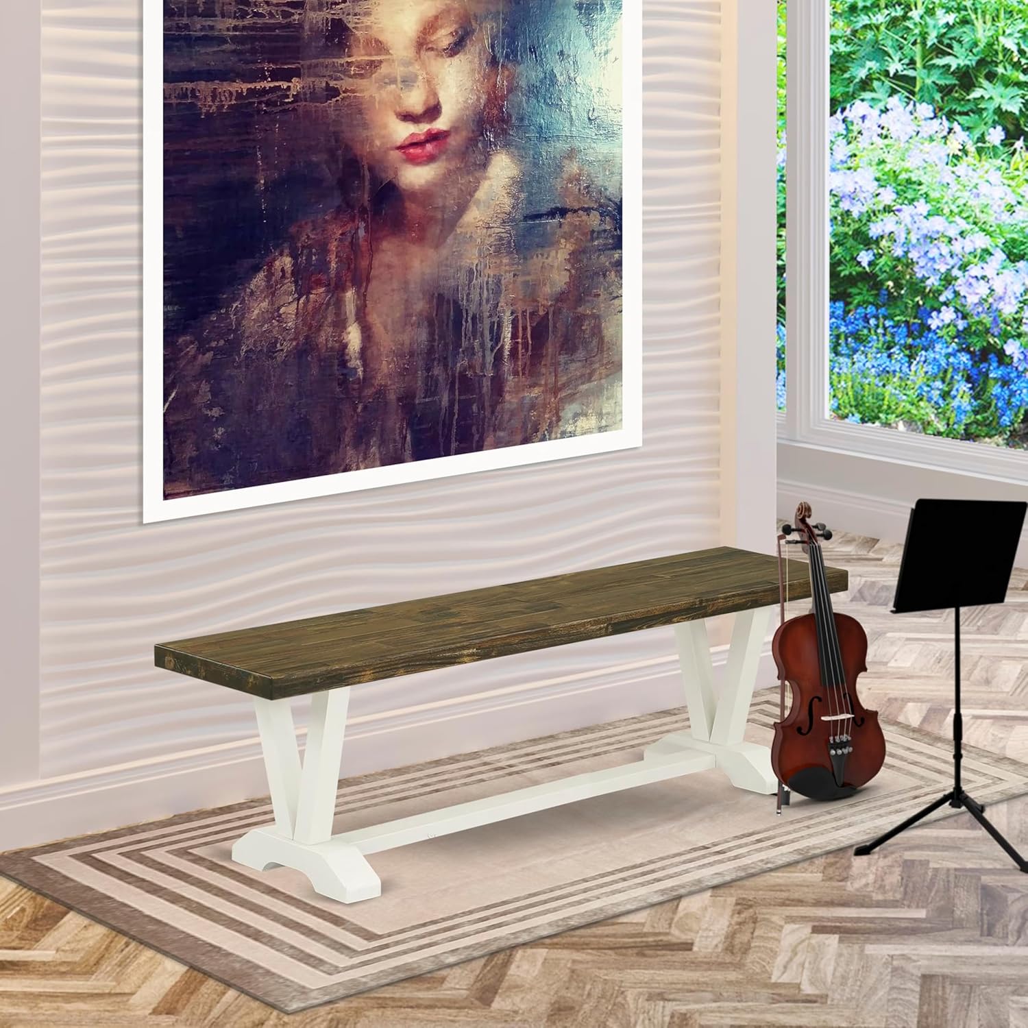 East West Furniture VB076 V-Style Modern Dining Table Bench with Wood Seat, 60x15x18 Inch, Multi-Color