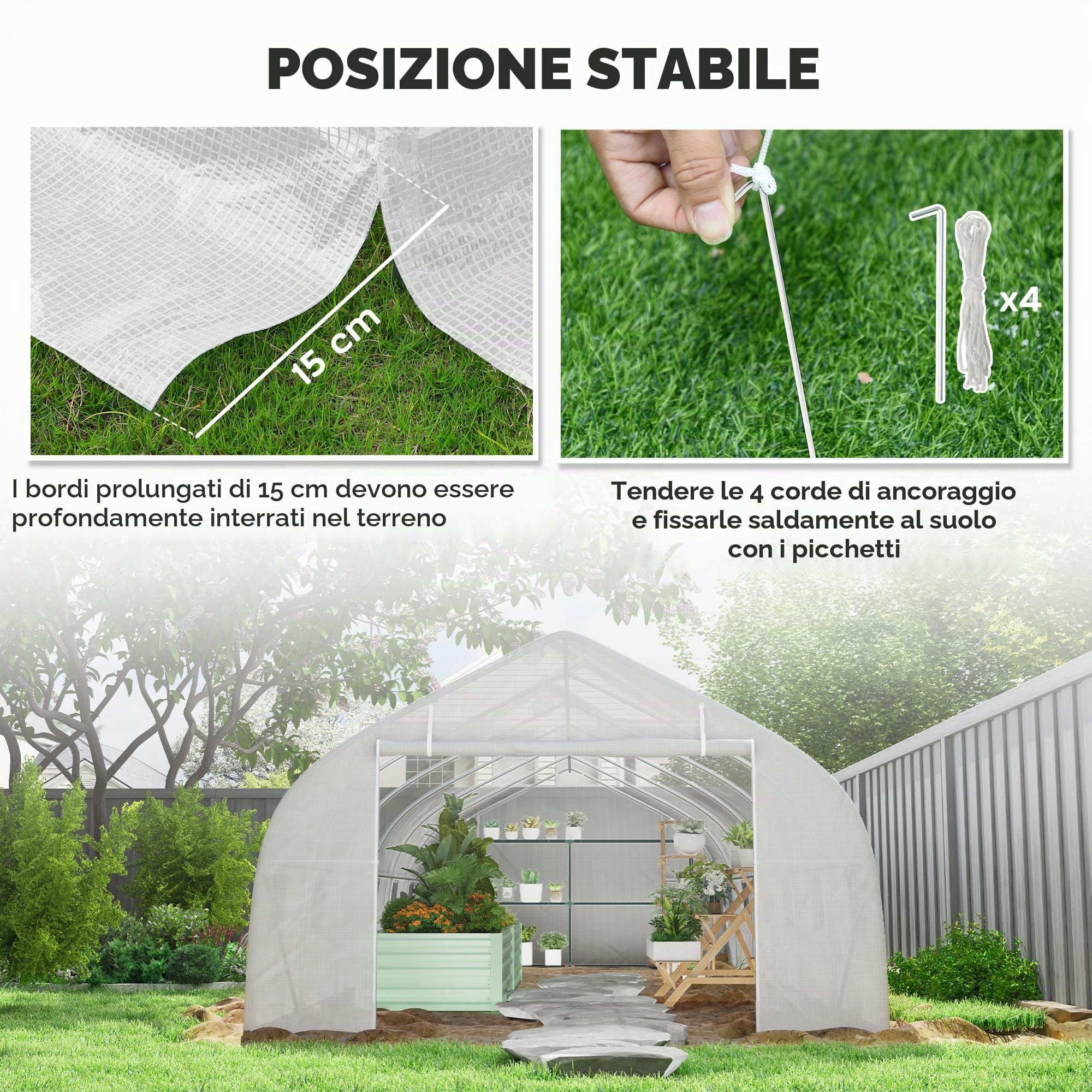 Outsunny Grande Serra a Tunnel da Giardino 24 m² PE 8x3x2m Bianca | Telaio in acciaio zincato Ø24mm, porta arrotolabile, 12 finestre