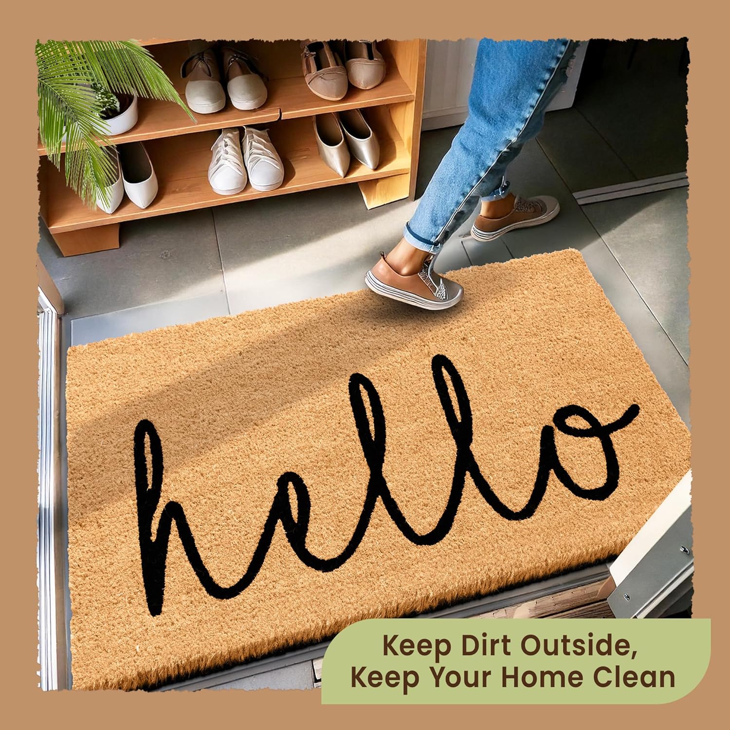 Hello Door Mat Outdoor Coco Coir Doormat, with Heavy-Duty PVC Backing - Natural - Perfect Color/Sizing for Outdoor/Indoor uses. (36 x 17, Hello Script-12)
